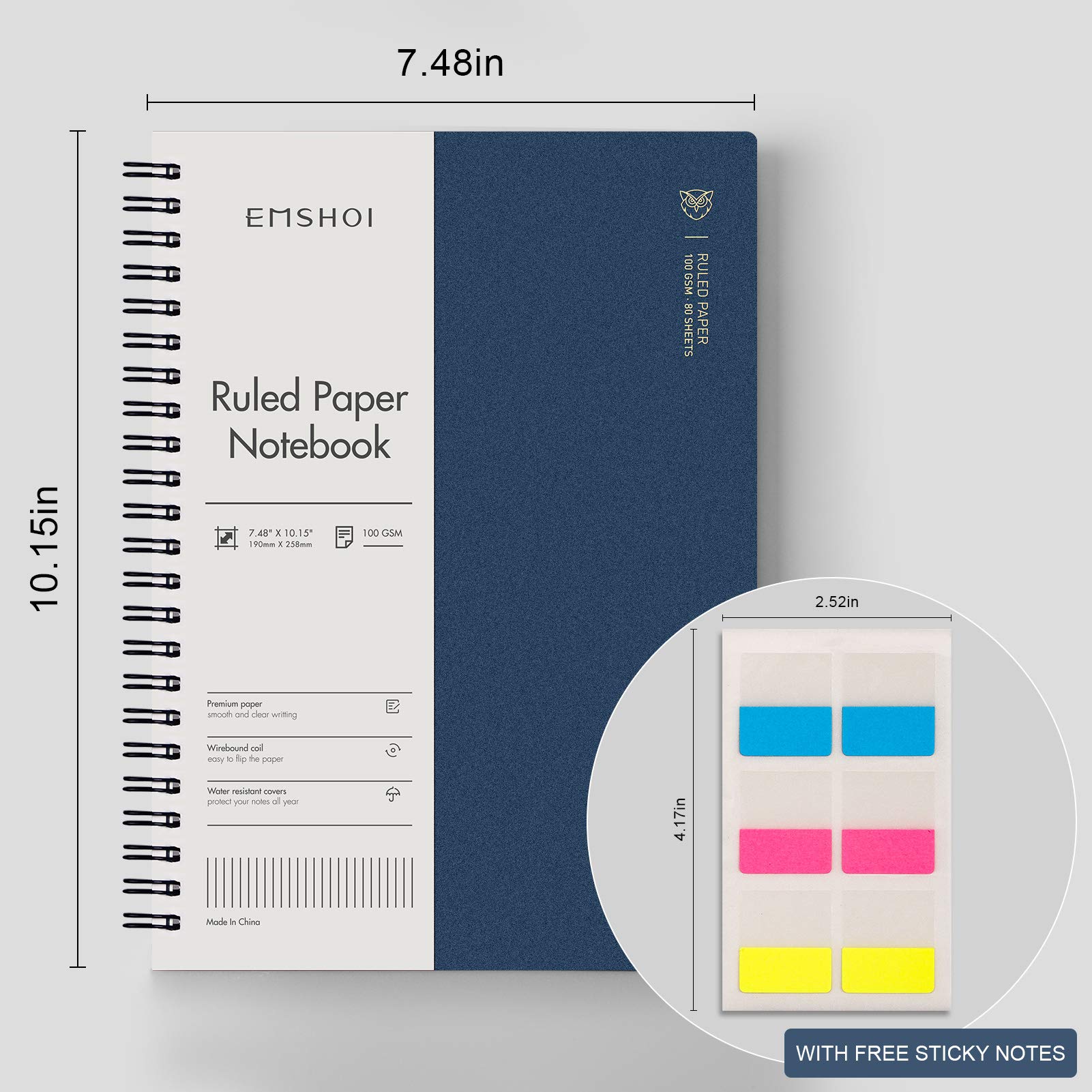 EMSHOI Lot de 3 cahiers à spirale lignés - 480 pages - B5 - Avec notes adhésives - Couverture rigide en PVC - Papier épais de 100 g/m² - 19 x 25,8 cm - Café, bleu et rouge