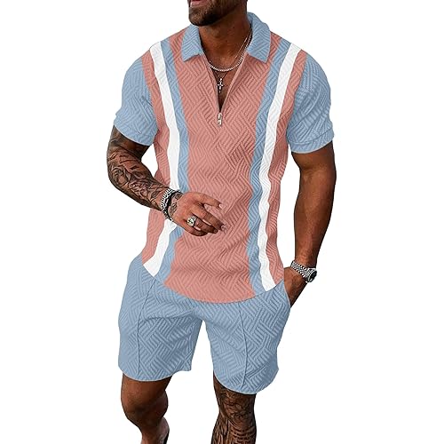 UOUA Mens Summer Track Suits 2 Piece Shorts Sets Short Sleeve Sweatsuit Outfits 1/4 Zip Golf Polo Splicing Striped Shirts