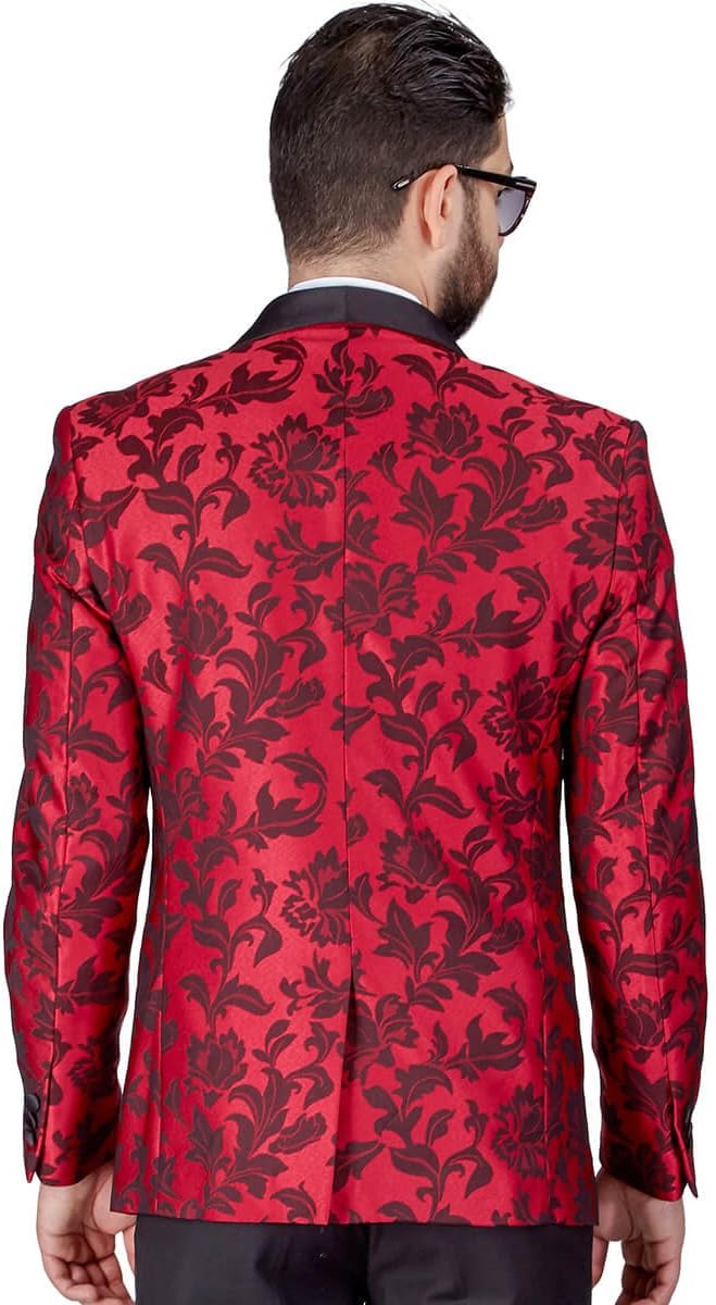 Slim Fit 1 Button Shawl Satin Collar Floral Jacket Tuxedo Black Pants by AZAR 1714