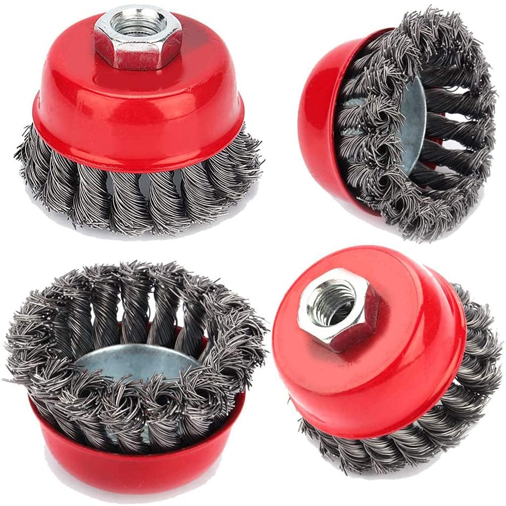 Brosse Métallique pour Perceuse, 4 Pièces, M14 75mm, Brosse Conique en Acier Torsadé, Accessoire Meuleuse d'Angle, 12500 TR/Min