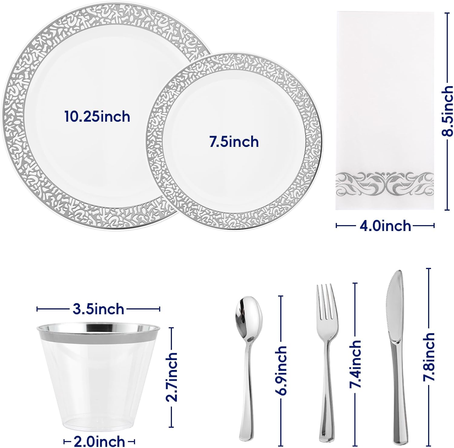 𝟐𝟏𝟎 Count Silver Plastic Dinnerware, Silver Disposable Plates, Includes 30 Dinner & 30 Dessert Plates & 30 Cups & 30 Paper Napkins & 30 Plastic Silverware Set - Image 2