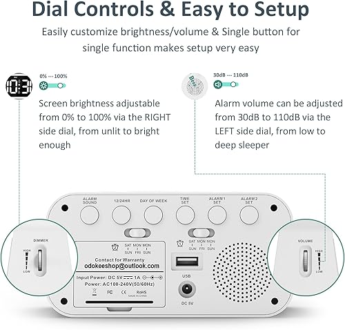 Miniatura 9 de Reloj despertador digital dual para dormitorio, 0-100% atenuador, modo día de semanafin de semana, fácil de configurar, cargador USB, volumen de