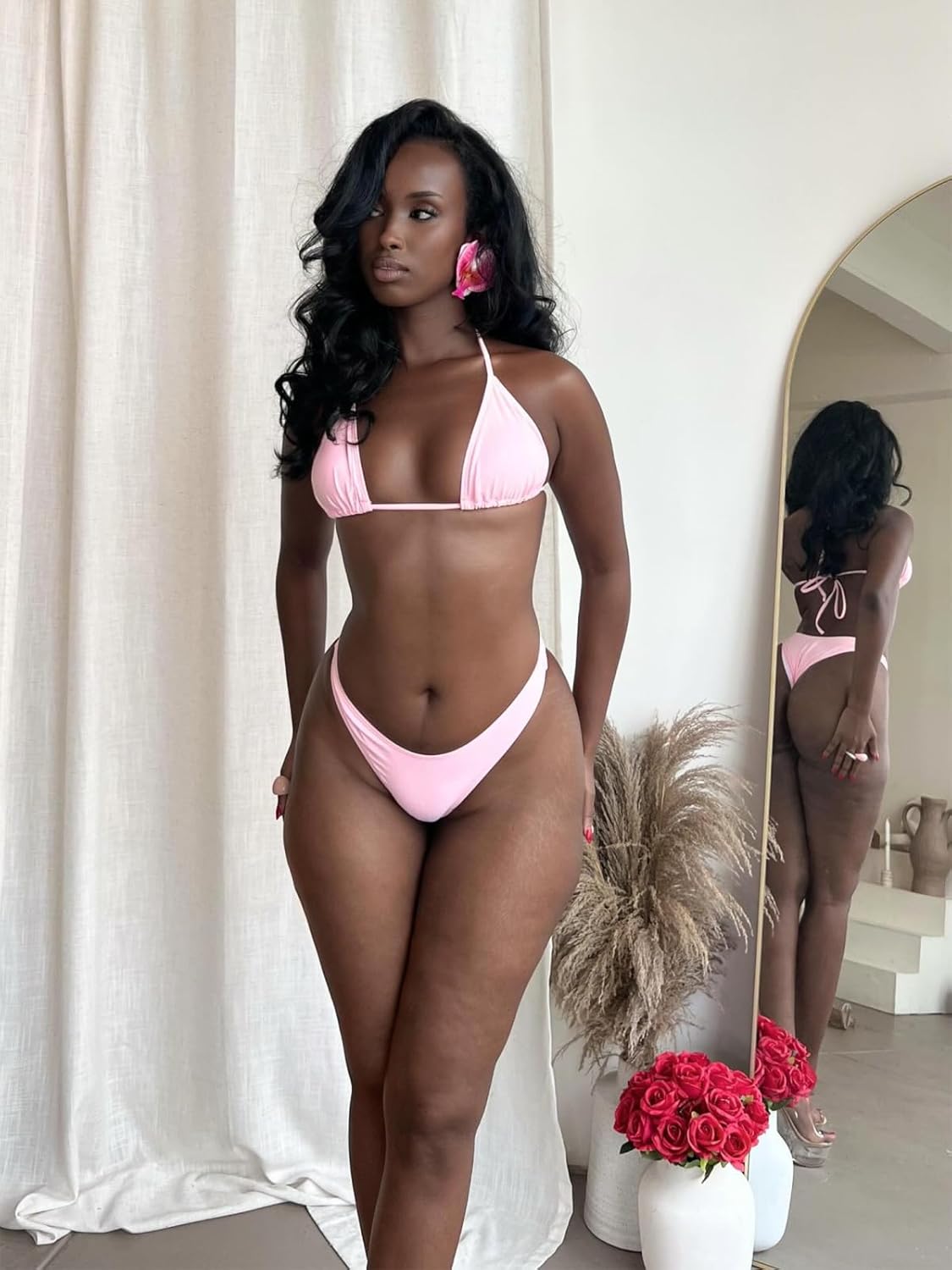 Women's 3 Piece Swimsuit Set Long Sleeve Sheer Mesh Cutout Maxi Dress Cover Up with Triangle Bikini Beach Vacation Swimwear