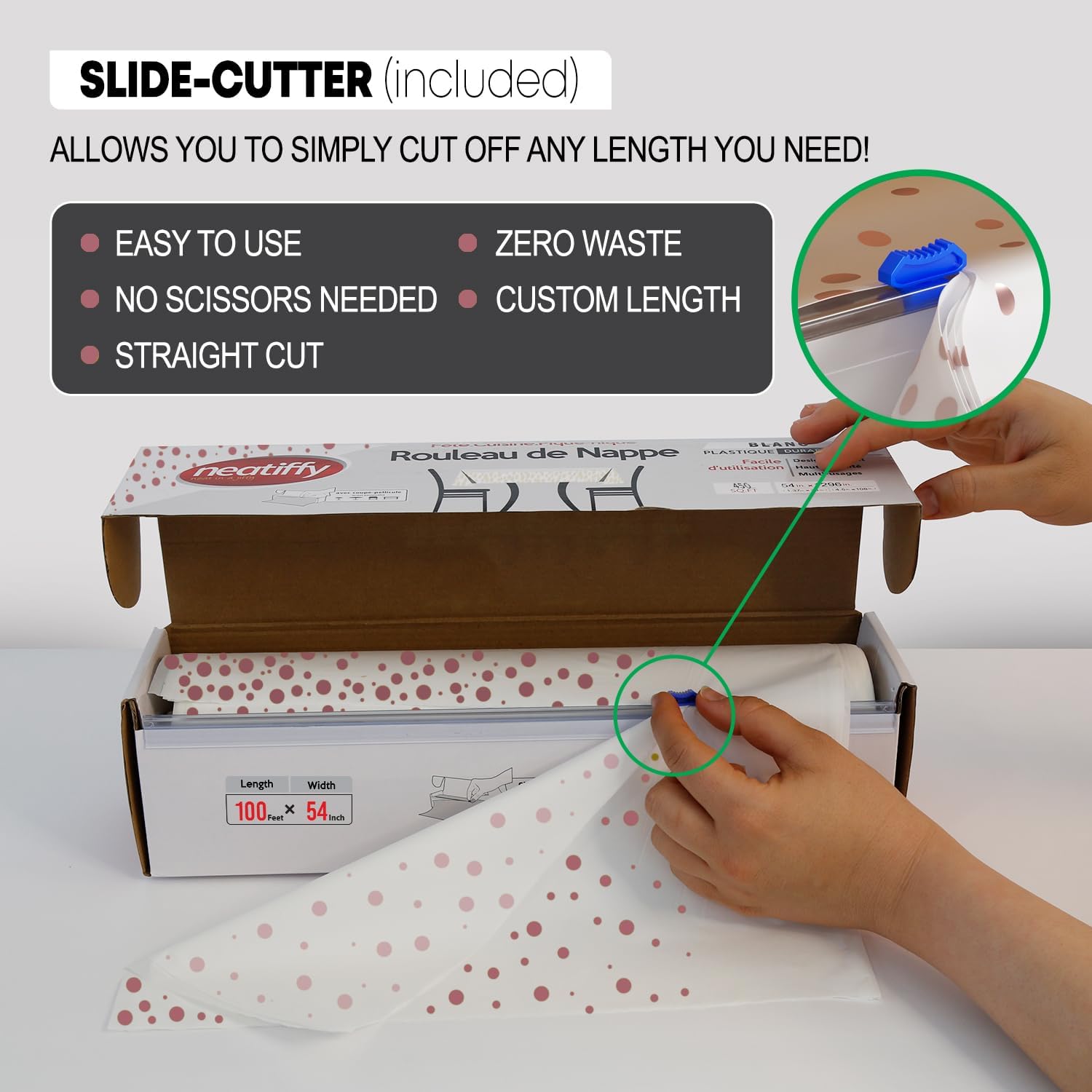 Neatiffy Disposable Plastic Table Cloth Roll | Waterproof Tablecloth | Table Cover for Picnic, Party, Banquet, Birthdays, Weddings (White Rosegold-dot, 54 inches X 100 feet)