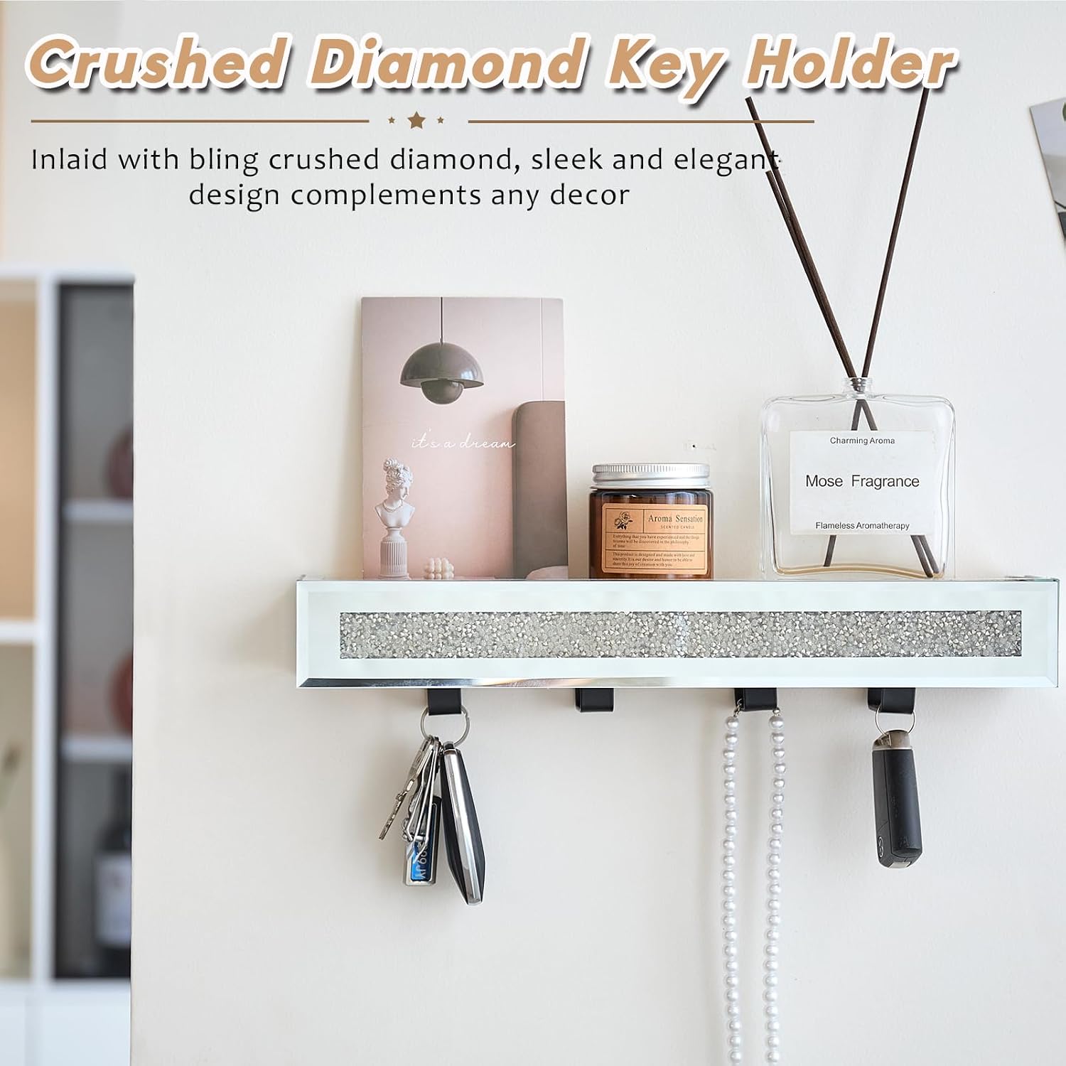Crushed Diamond Wall Key Holder with Shelf, Crystal Mirror Decorative Key Holder Wall Mount, Hidden Key Holder with Shelf Wall Mount for Entryway and Home