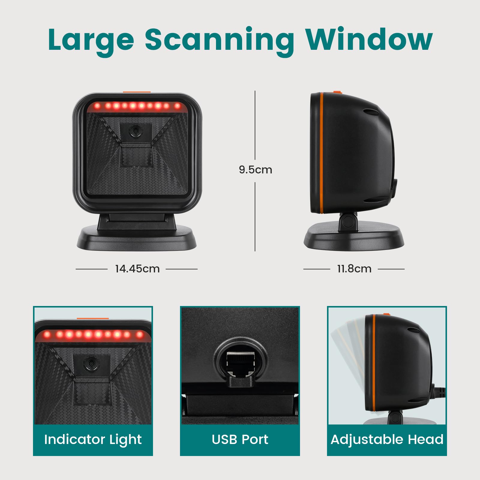 OBZ 1D 2D Desktop Barcode Scanner, QR Code Scanner USB Wired Hands-Free Barcode-Scanner Kassen Scanner mit Großem Scanfenster für Läden, Lager, Bibliotheken