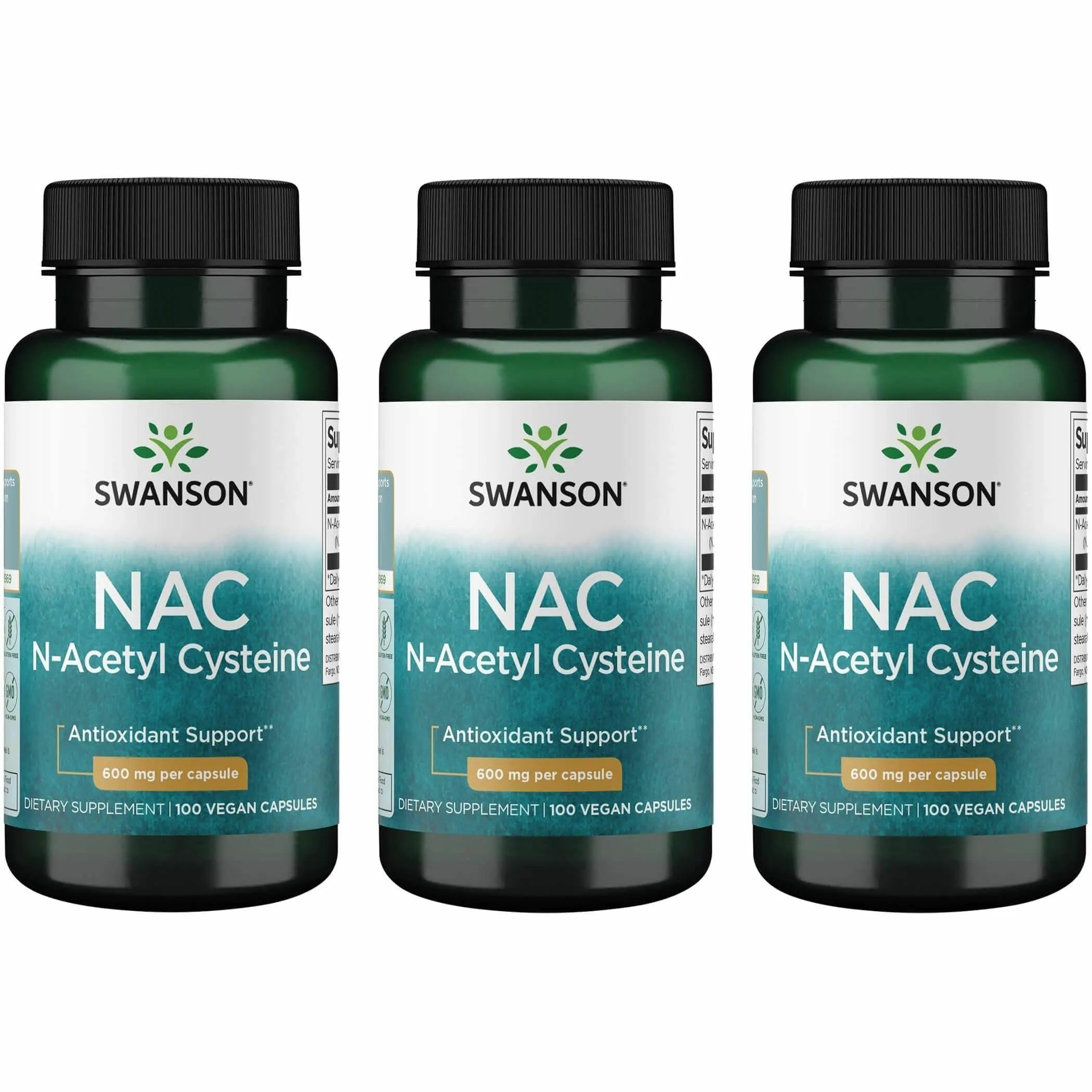 Swanson NAC N-Acetyl Cysteine, 600 mg, 100 Vegan Capsules, 3 Pack 100 Count (Pack of 3)
