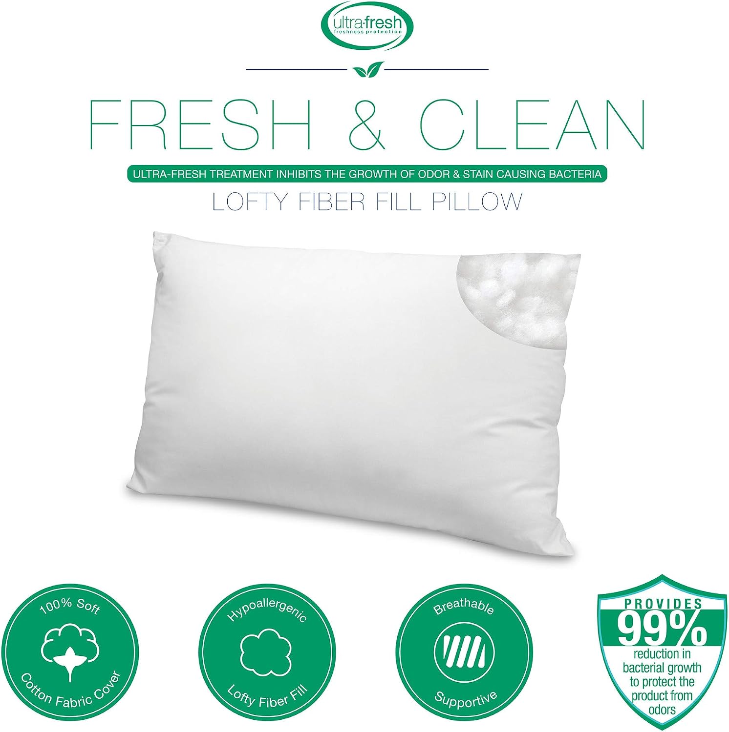 BioPEDIC 2-Pack Bed Pillows with Built-in Ultra-Fresh Anti-Odor Technology, Jumbo, White