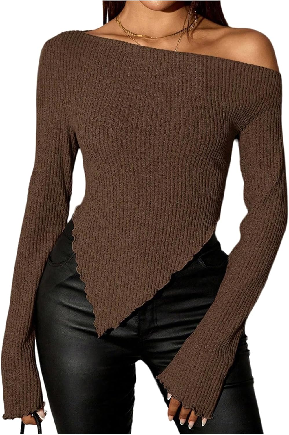 Milumia Women's Sexy Ribbed Knit Asymmetrical Hem Long Sleeve Shirts Top One Off The Shoulder Crop Top - Image 2