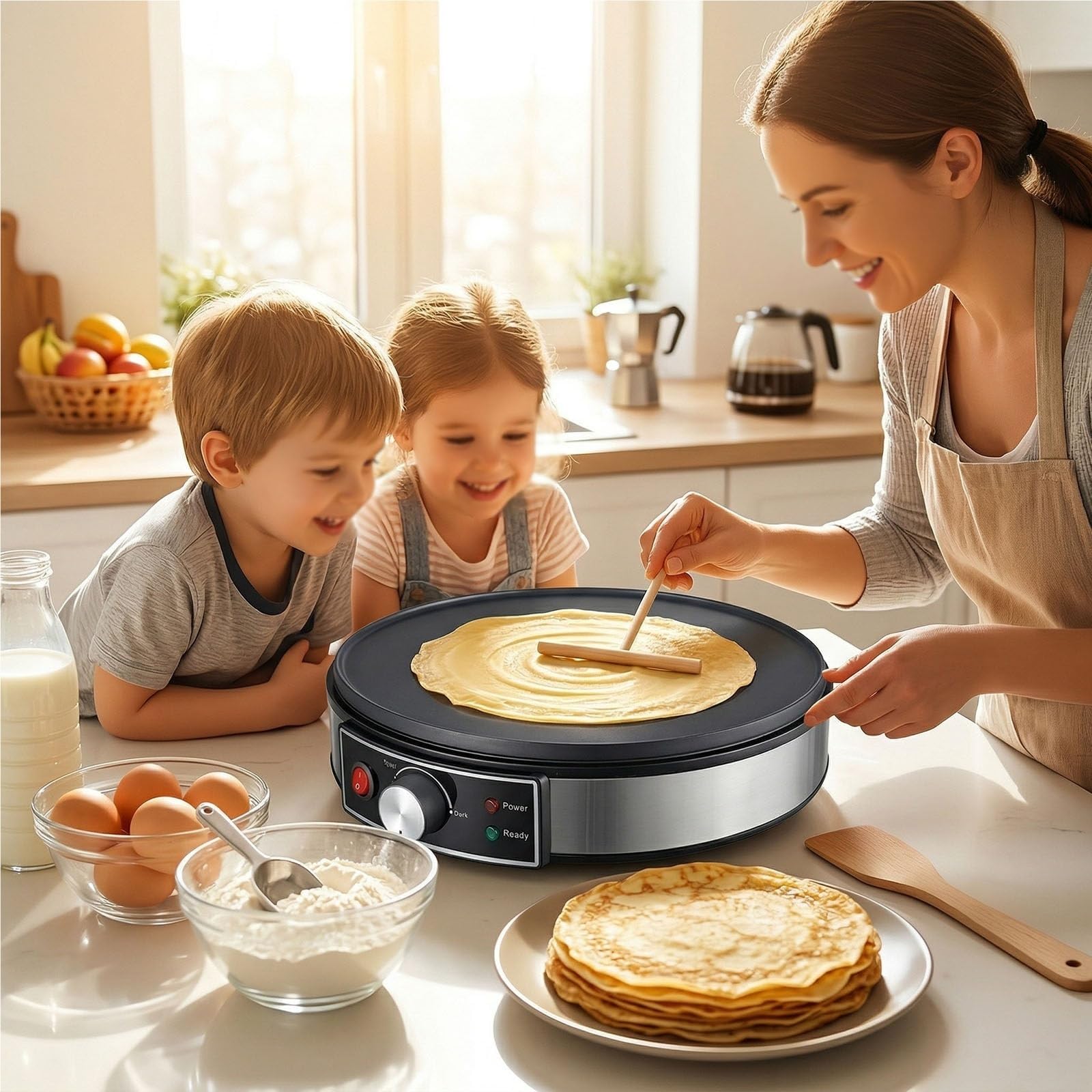 Piastra per Crepes Elettrica 30cm con Controllo Temperatura Regolabile Spatola in Legno per Crepes Pancake Uova Tortilla e Griglia Macchina per Pancake Antiaderente per Uso Domestico