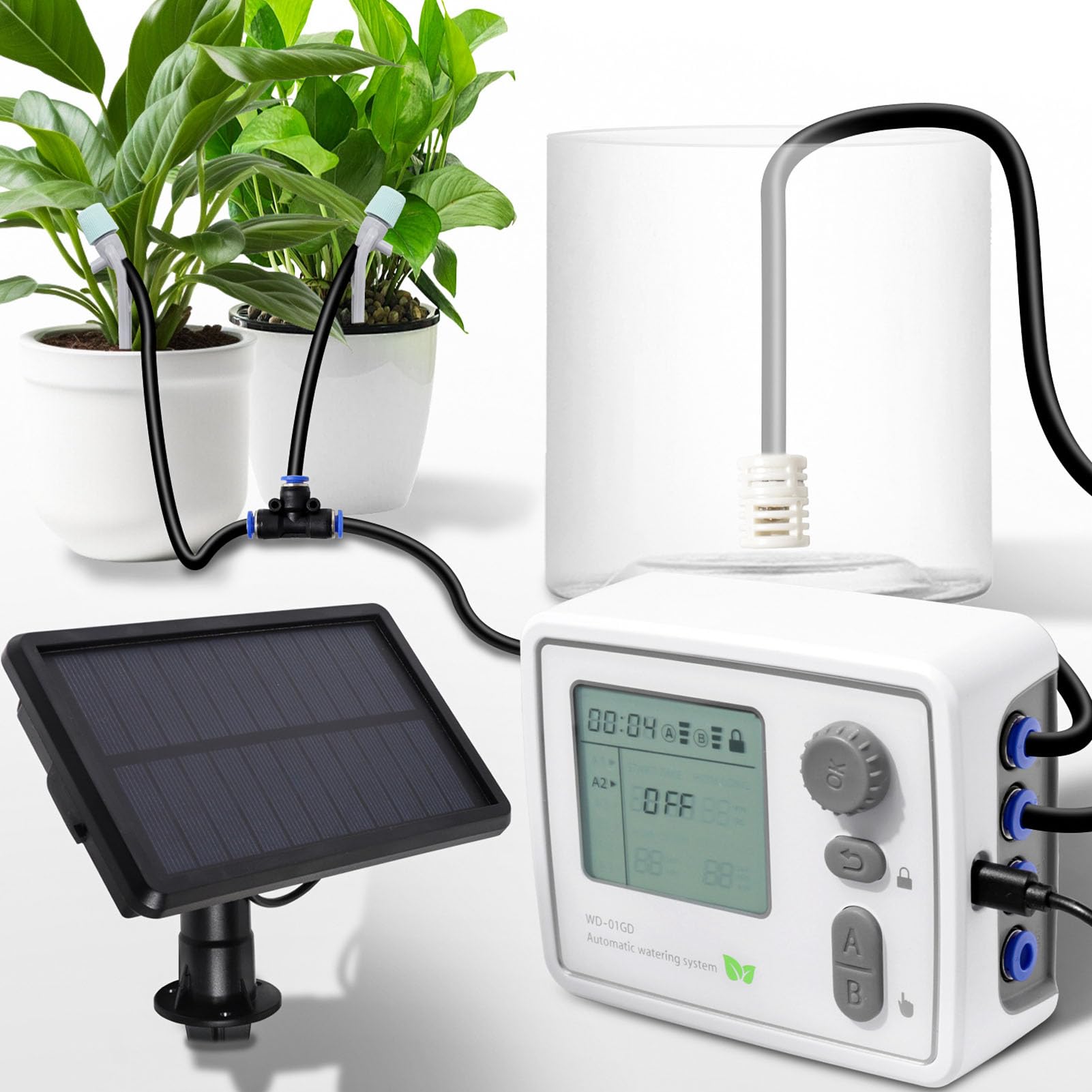 di Irrigazione a Goccia Automatico, Kit di Irrigazione Solare a Goccia in ABS con 2 Pompe 20 Vasi Batteria da 3600 MAh per di Piante da Giardino Patio Balcone