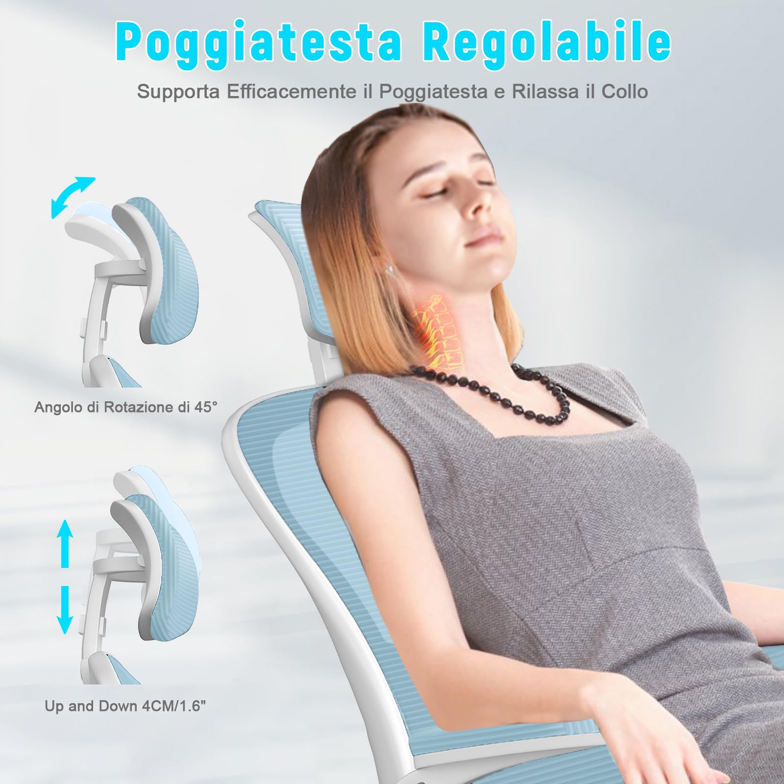 rattantree Sedia da Ufficio, Sedia Ufficio Scrivania con Poggiatesta Regolabile, Sedia Ergonomica per Computer con Braccioli Regolabili e Supporto Lombare per Home Office, Blu