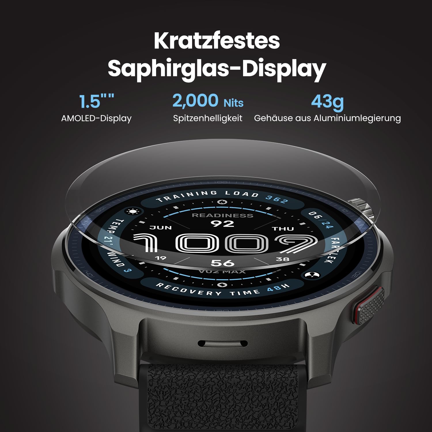 Amazfit Balance 2 Smartwatch 47mm 1.5'' AMOLED Sapphire Glass Dualband-GPS 21 Tage Akkulaufzeit 170+ Sportmodi