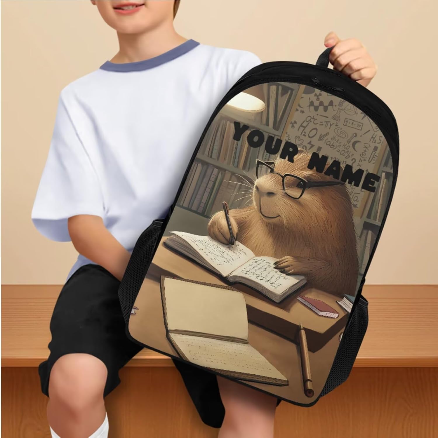 Custom Name Back Pack Cool Capybara Backpack with Lunch Box Personalized Backpack for 2nd Grade Kids Boys Back to School Pencil Case and Water Bottle Holder 4 Piece Set for Preschool