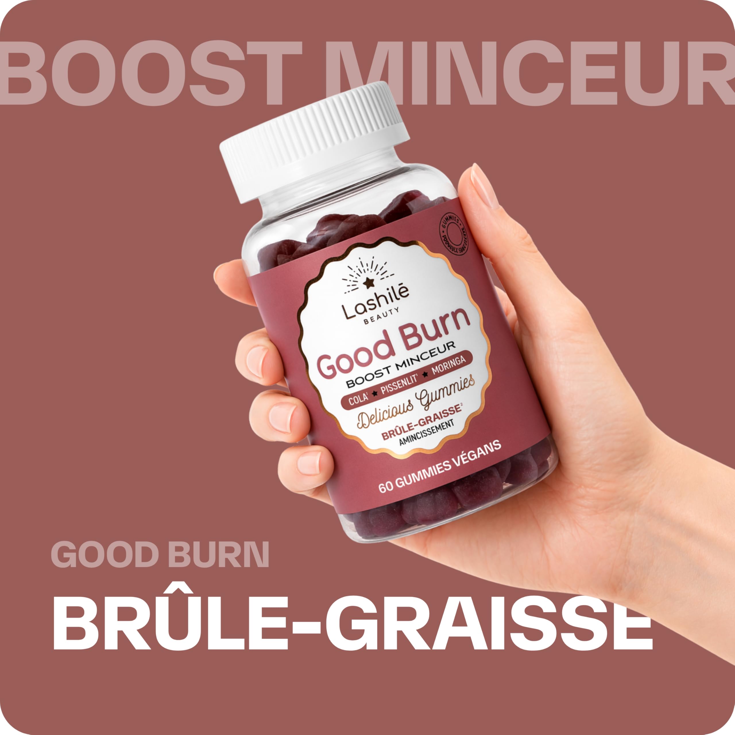 Lashilé Beauty - Gummies Brûle Graisses - Combustion des Graisses et perte de poid puissant - Good Burn - Complément alimentaire Minceur - Cola, Pissenlit, Moringa - Cure 1 Mois - 60 Gummies