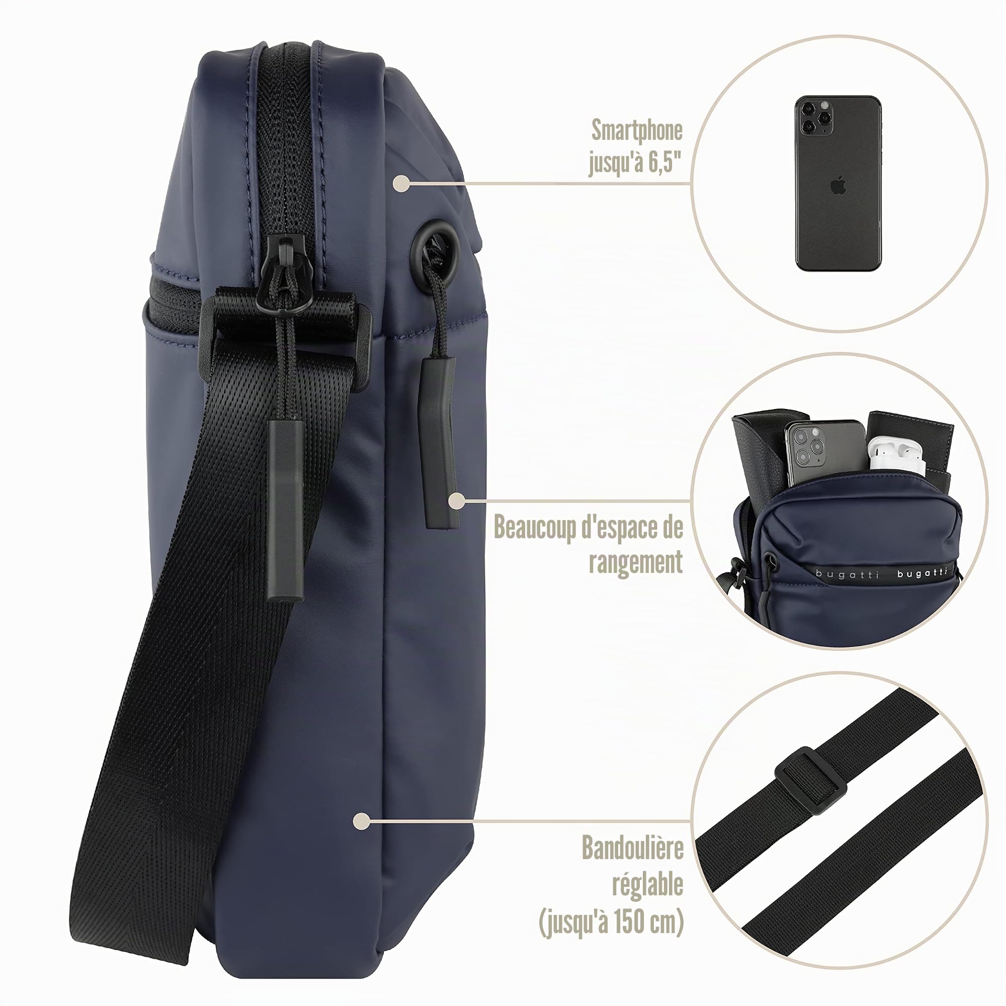bugatti Blanc – Petite Sacoche Homme Bandoulière – Sac de Voyage, Randonnée et Sports