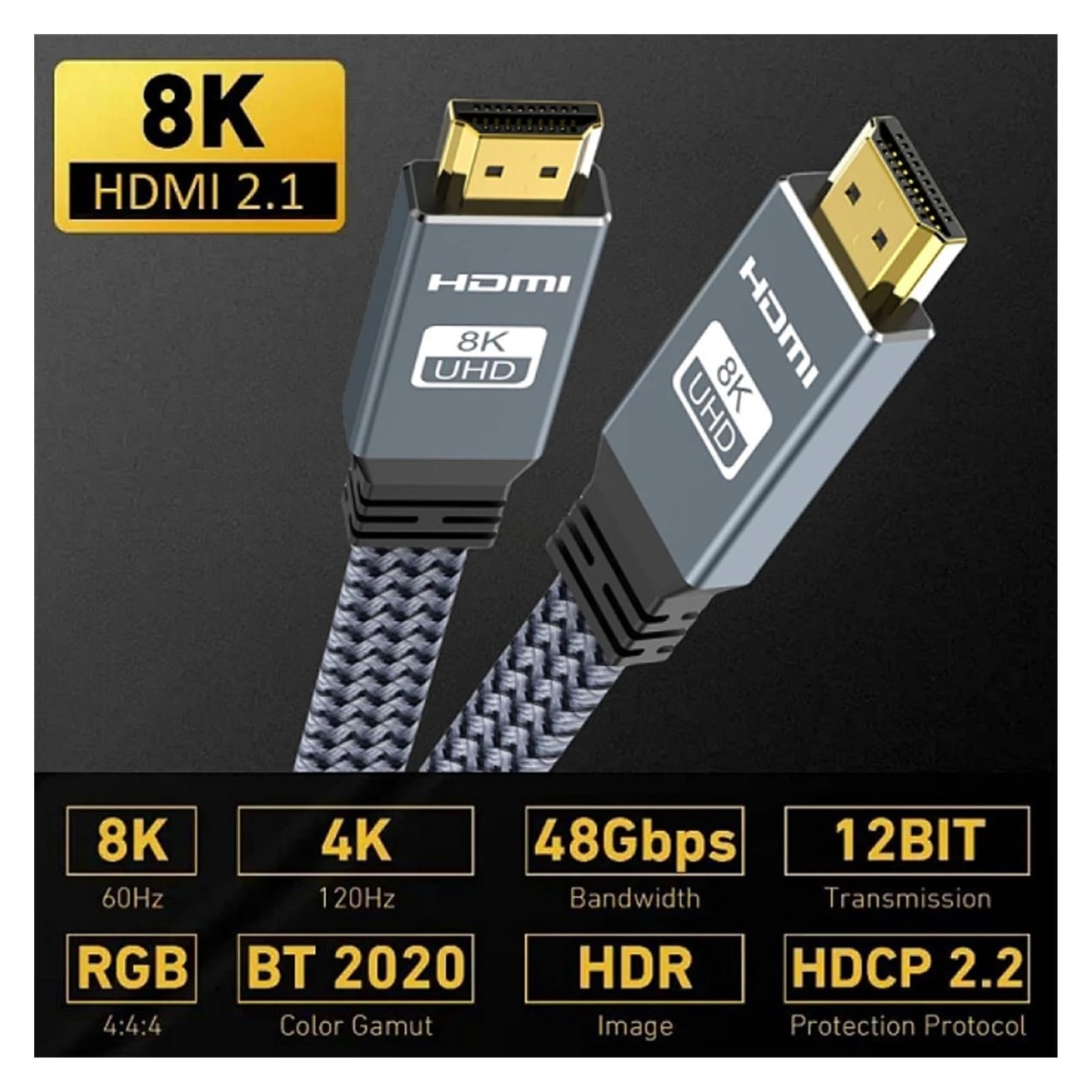 Câble Tressé HDMI 2.1 Plat 8K À 60 Hz 4K À 120 Hz 144 Hz, Haute Vitesse De 48 Gbit/s, 3D EARC HDCP 2.2 Et 2.3 Pris En Charge(6.6FT-2M-78.7inch)