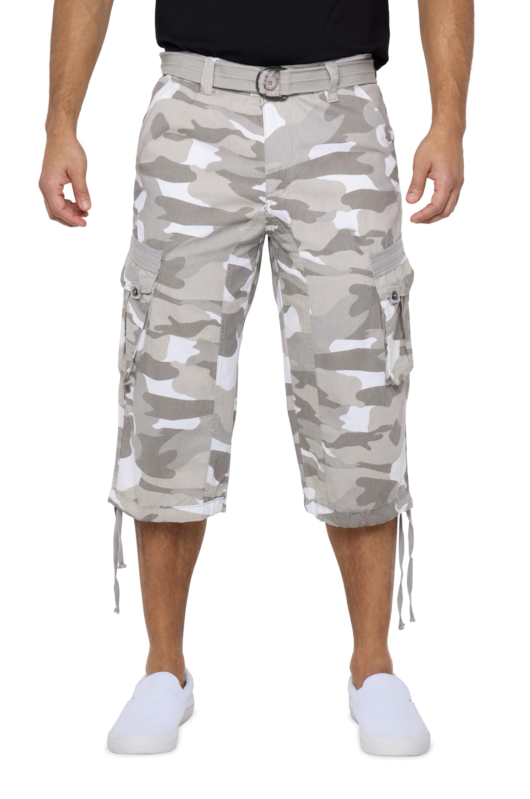 X RAY Men's Belted Tactical Cargo Long Shorts 18" Inseam Below Knee Length Multi Pocket 3/4 Capri Pants, White Camo, 34