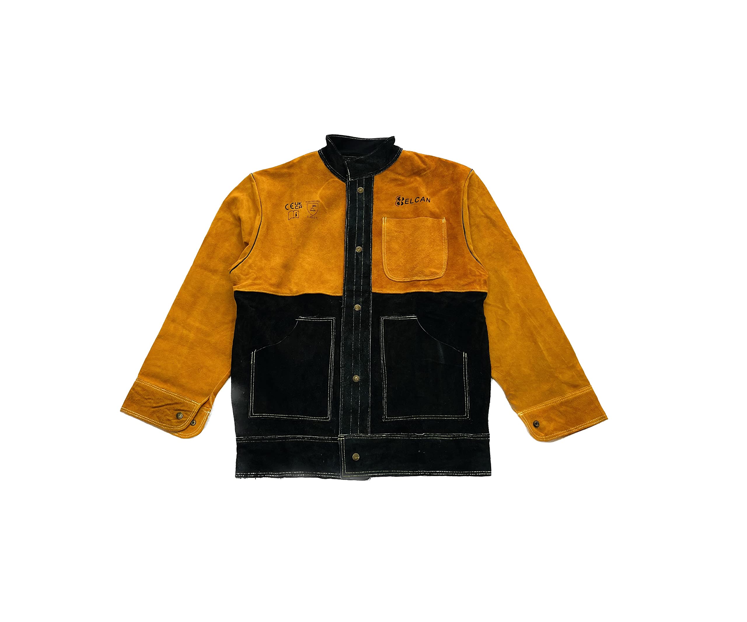 ELCAN Chaqueta de soldadura profesional de cuero amarillo y negro ignífugo resistente al calor, ropa de trabajo para soldar electrodo, TIG, MIG, MAG, barbacoas, chimeneas, hornos… (Talla L)