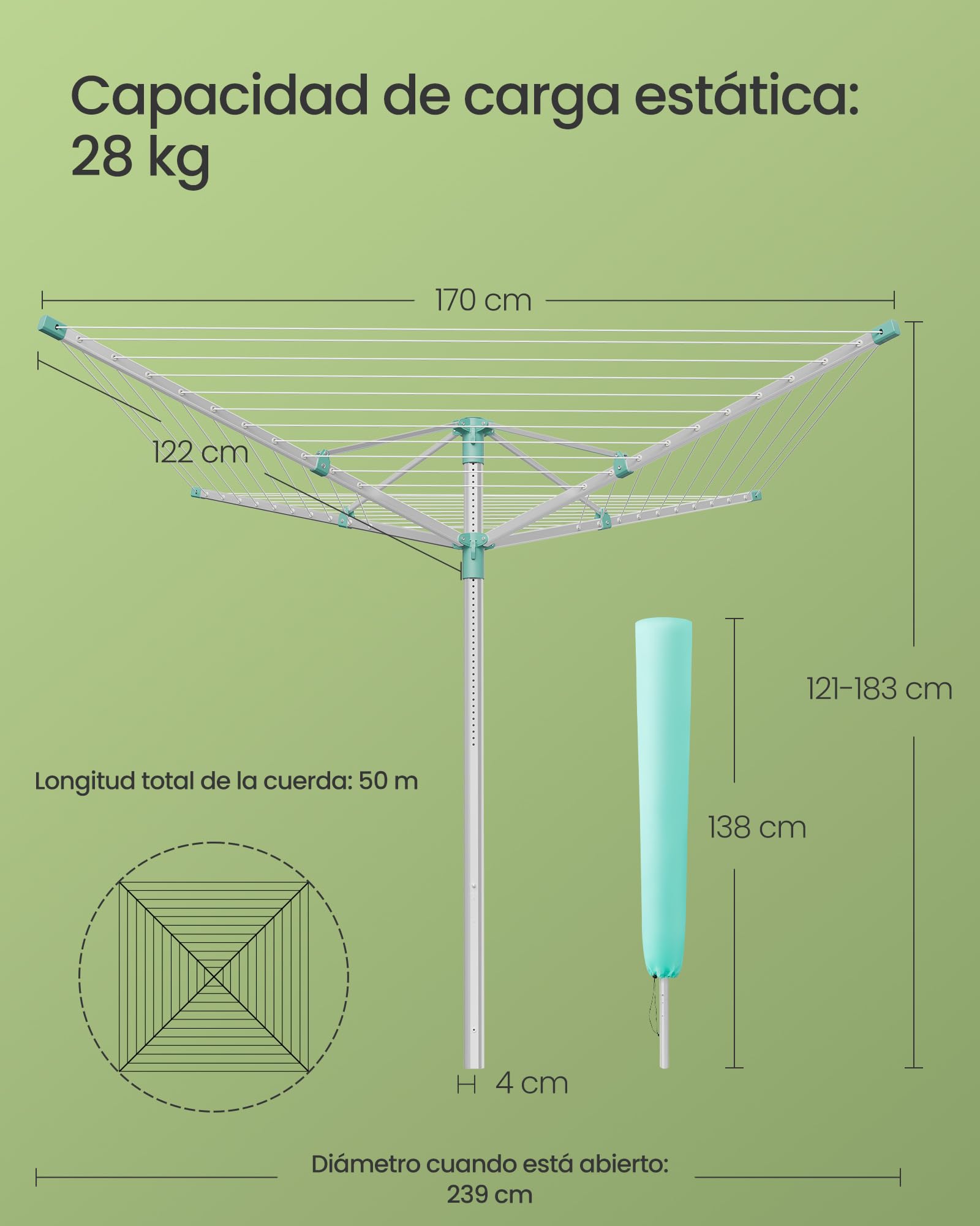 SONGMICS Tendedero Tipo Paraguas, Tendedero de Exterior, Altura Ajustaable, Aleación de Aluminio, Anclaje al Suelo, con Funda y Pinzas, Plateado y Verde, 50 m de Cuerda, para 5 Coladas LLR301E01V1