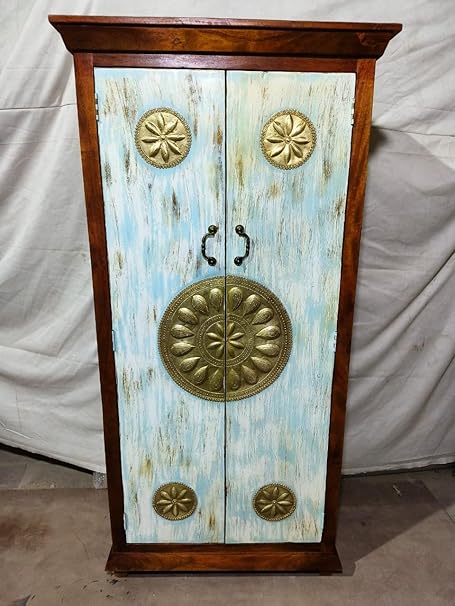 Nazar Art & Craft Solid Mango Wood Hand Craving Wardrobe with 2 Door & Shelf Storage for Bedroom, Hotel & Home, Brown & Blue Finish, (90 x 40 x 180cm)