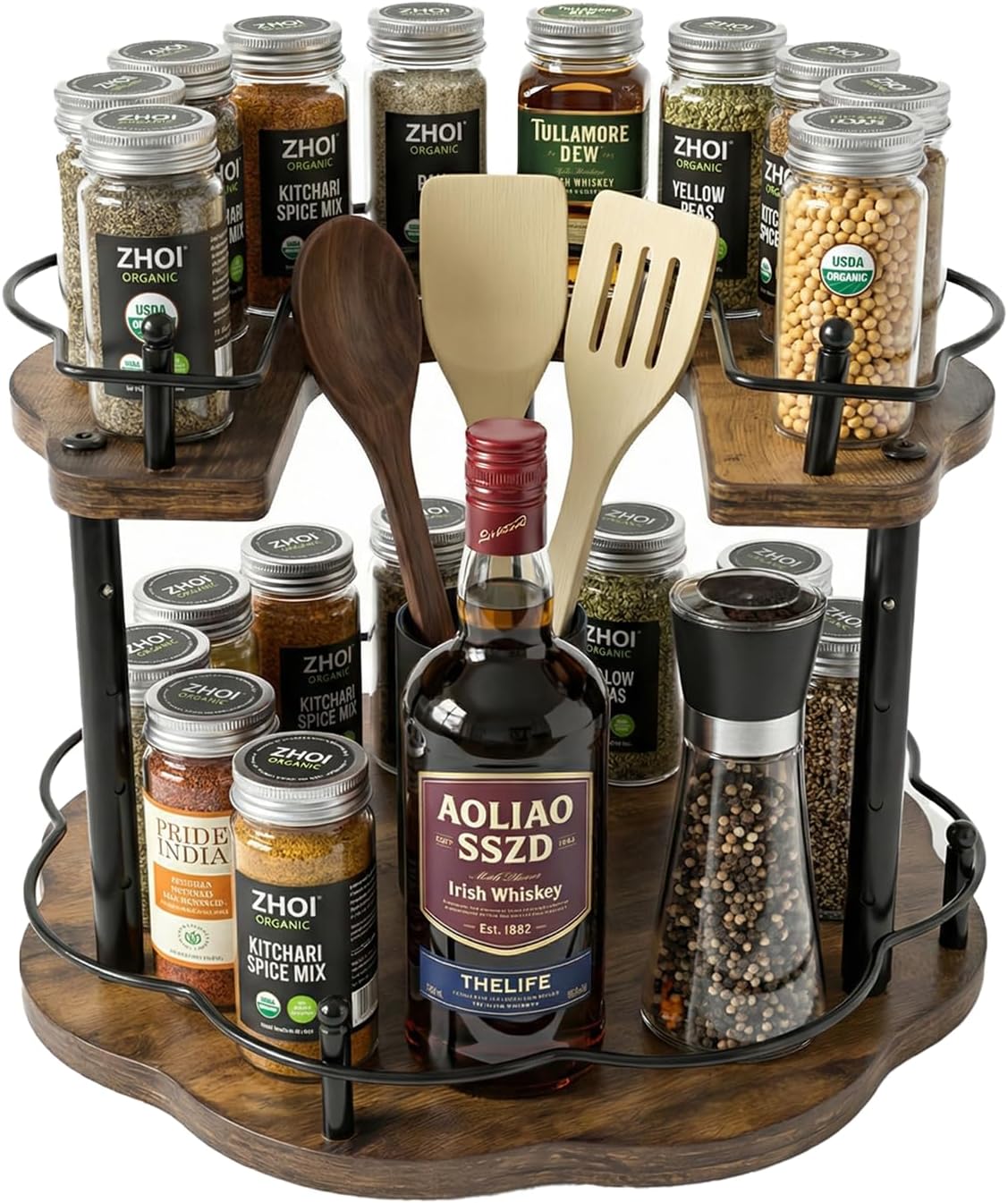 12 Inch Wood Lazy Susan Organizer Spice Rack, Lazy Susan Organizer, Height Adjustable Spice Rack, Kitchen Cabinet Storage and Pantry Turntable for Seasonings, Cans, Jars