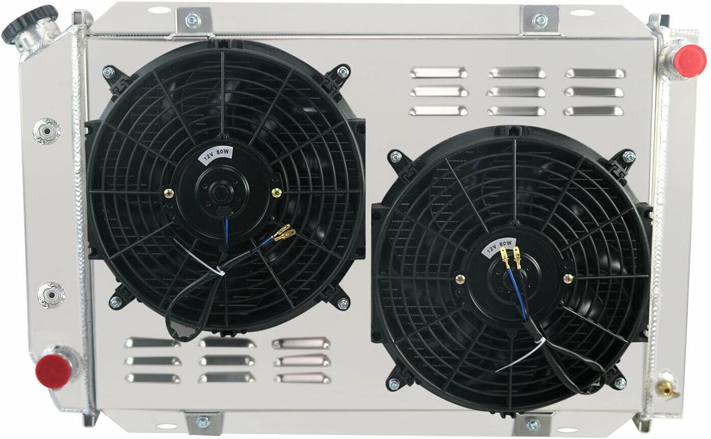 ReadyCool 4 Row Full Aluminum Radiator Shroud Fan Relay Kit for 1979-1993 Ford Mustang Fairmont Granada, 1984-1992 Lincon Mark VII Continental, 80-88 Mercury Cougar Capri (2 X 12" Fans)