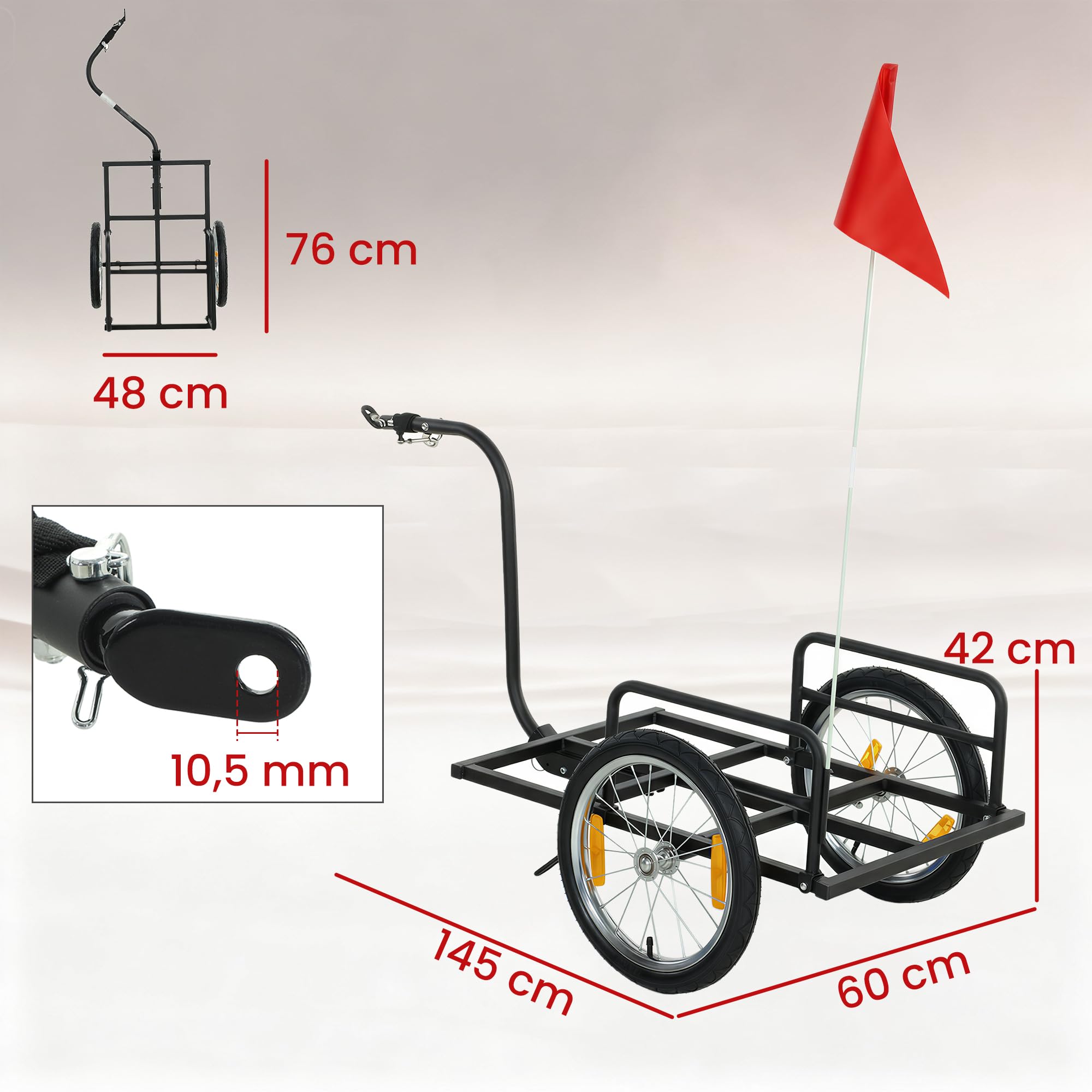 SPORTNOW Rimorchio per bicicletta per carico 40 kg, in acciaio, 145 x 60 x 42 cm, nero | Carrello a mano con bandiera rossa, ruote da 16 pollici, per trasporto bagagli, per biciclette da 22 a 28 pollici