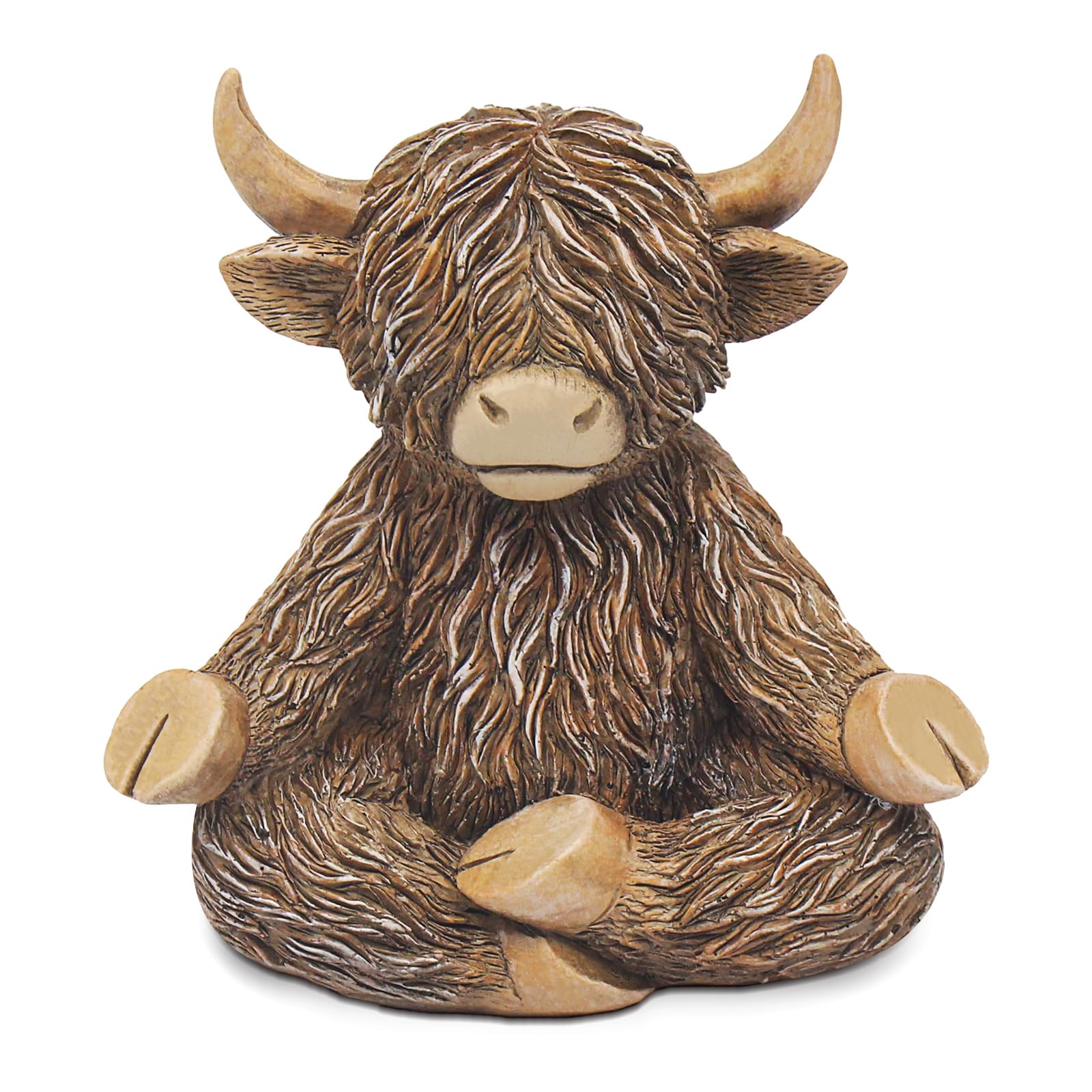 Nhemeylp Highland Cow Ornaments, Cute Bedroom Ornaments, Cross-Legged Sitting Highland Cow Gifts with Heart, Wooden Desk, Shelf Decor for Animal Lovers (Not 3D)