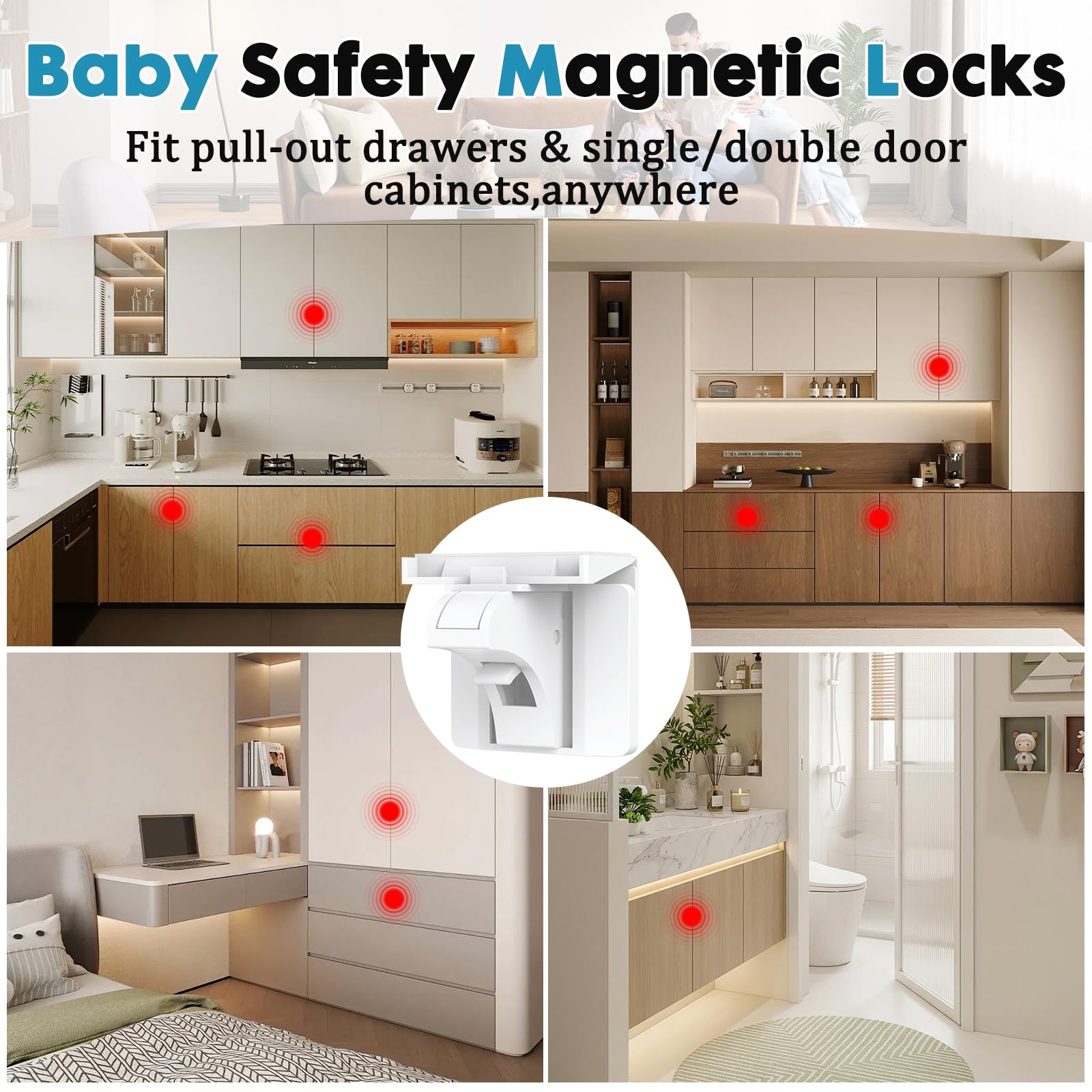 Dioxide Blocca Cassetti per Bambini，Chiudi Cassetti Bambini，Chiusura Cassetti per Bambini (10 Serrature + 2 Chiavi) Blocca Sportelli per Bambini per Armadi, Porte e Cassetti (Bianco)