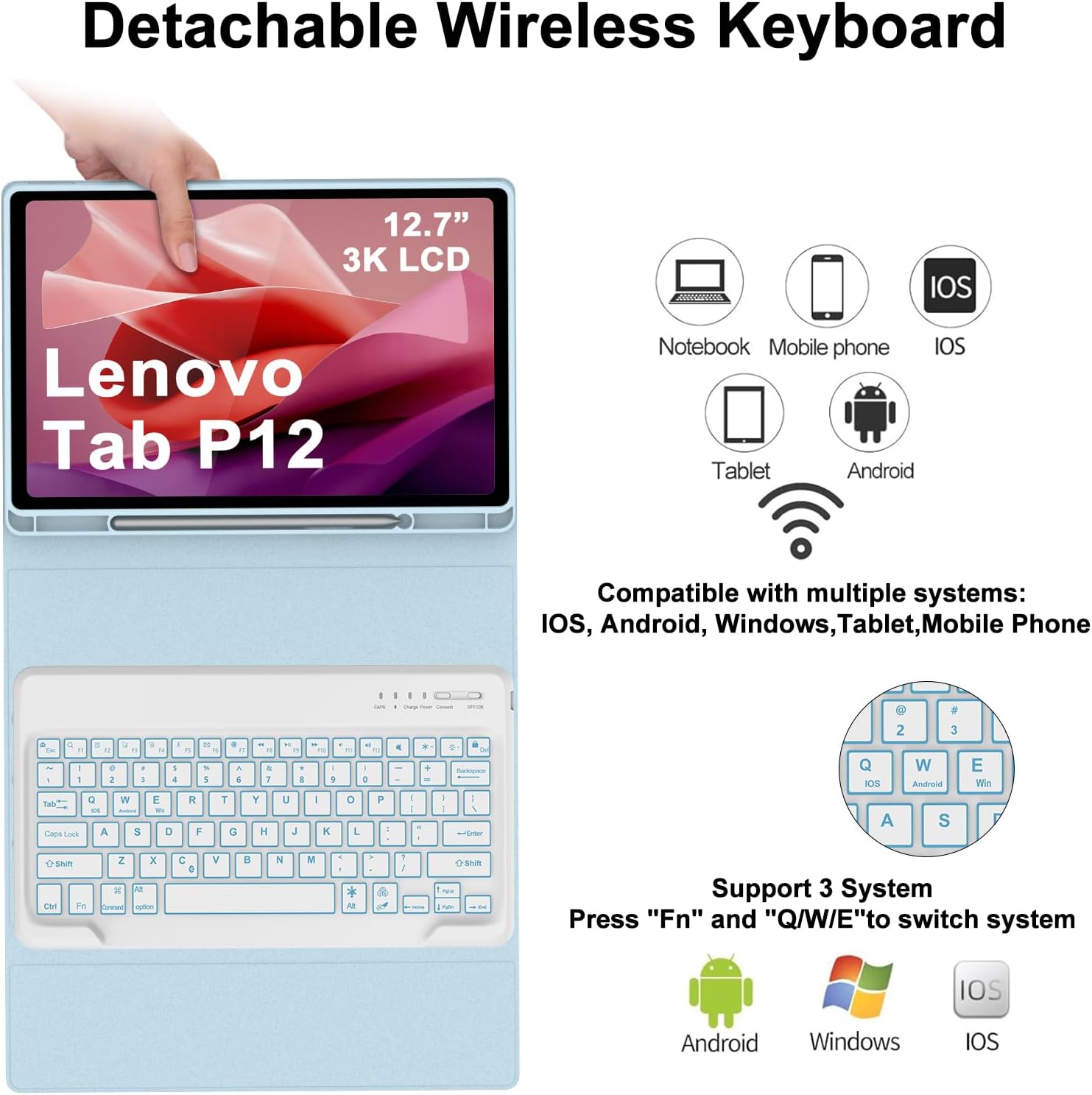 FARYODI Keyboard Case for Lenovo Tab P12 12.7 Inch 2023 TB370FU Tablet,7-Color Backlit Detachable Wireless Bluetooth Keyboard,Smart Folio Case with Pen Holder, Blue