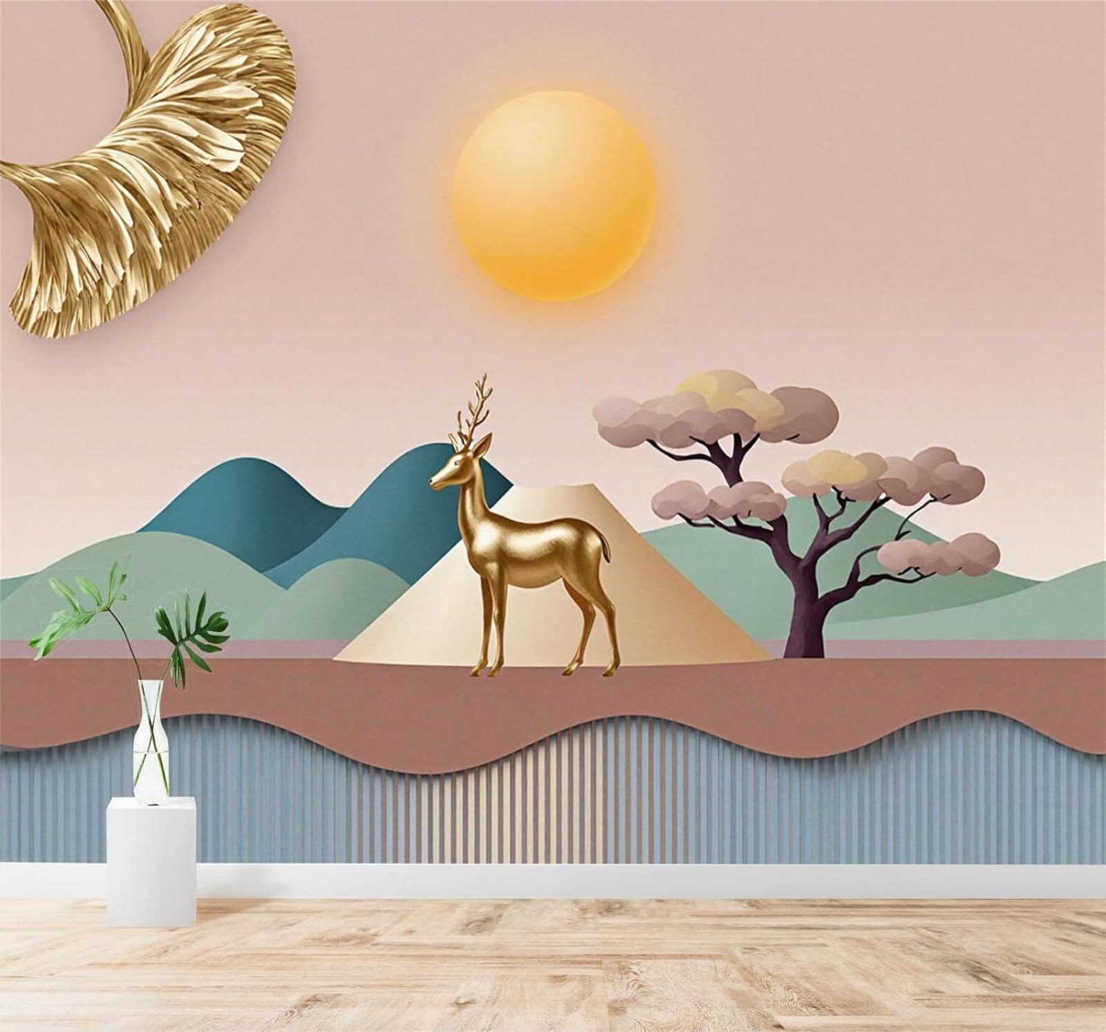 XLMING Golden Deer Mountains Sunlight Abstract Trees Landscape 3D Wallpaper Silky Texture Home Study Office Grey Dining Room Sofa Bedroom Living Room TV Backdrop-150cm×105cm