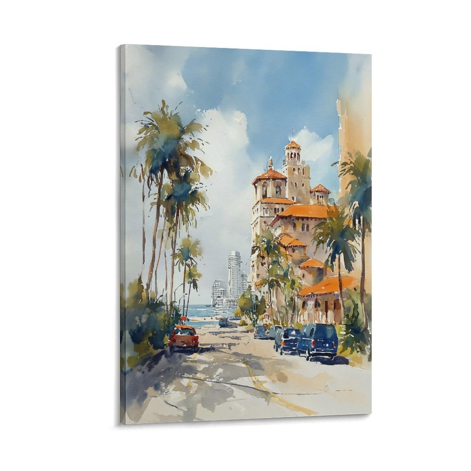 XWYMXZ Miami Watercolor Traditional Tree 20x30inch(50x75cm) Vintage Travel Poster Watercolor Canvas Art