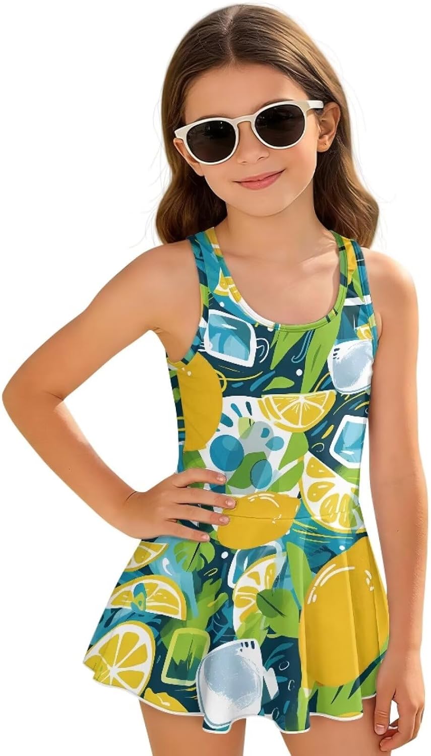 Printed One Piece Swimsuit for Girls with Skirt, Racerback Modest Bathing Suits with Sleeveless Crew Neck 3-13 Years