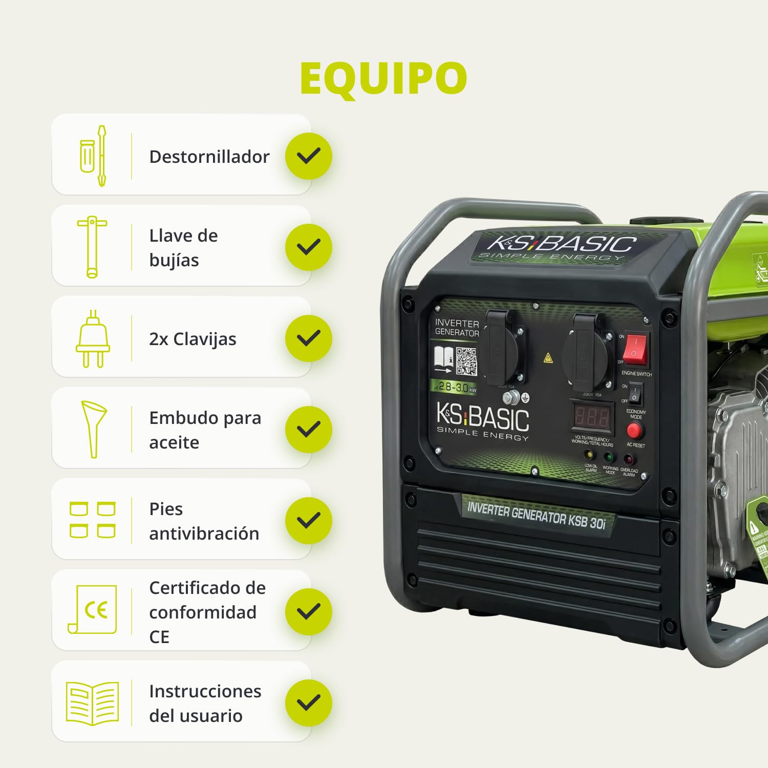K&S BASIC 30i Generador inversor 2800 W, 3000 W máximo, grupo electrógeno compacto de gasolina, onda sinusoidal pura, generador con modo Eco, para el hogar, camping y trabajos de taller, EURO 5.
