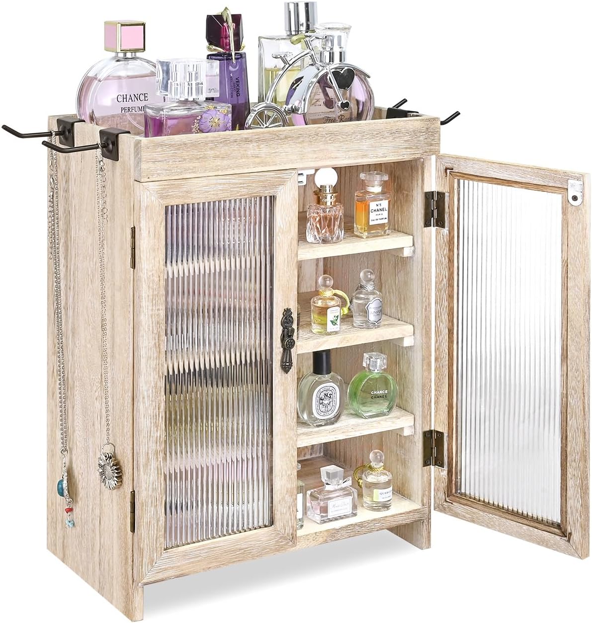 Ikee Design Wooden Countertop Storage Cabinet with Wavy Magnetic Door, Adjustable Shelves, Removable Hooks. Perfect for Perfume, Figurines, and Coffee Cups, Vintage White, 10.4 W x 6.1 D x 14.4 H in