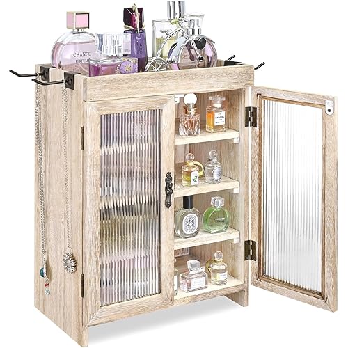 Ikee Design Wooden Countertop Storage Cabinet with Wavy Magnetic Door, Adjustable Shelves, Removable Hooks. Perfect for Perfume, Figurines, and Coffee Cups, Vintage White, 10.4 W x 6.1 D x 14.4 H in