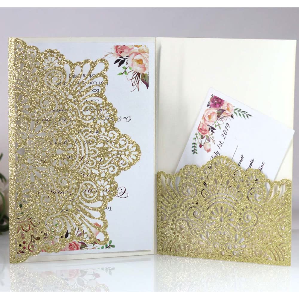 Invitation mariage or rose découpée laser avec carte RSVP et enveloppes - Lot de 20