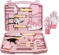 Grenebo 12-Piece Pink Gardening Tools Set for Women - Rust-Proof Heavy-Duty Steel Tools, Ergonomic Handles, Carrying Case, Perfect Gift
