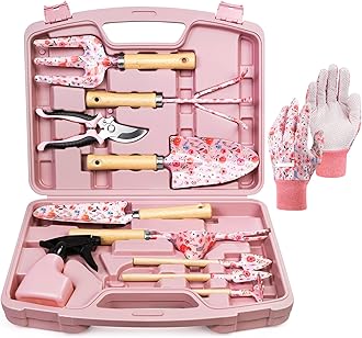 Grenebo 12-Piece Womens Gardening Tools Gift Set, Rust-Proof & Heavy-Duty Garden Tools with Durable Carrying Case, Fashionable & Thoughtful Gardening Gifts for Women&Men (Pink)