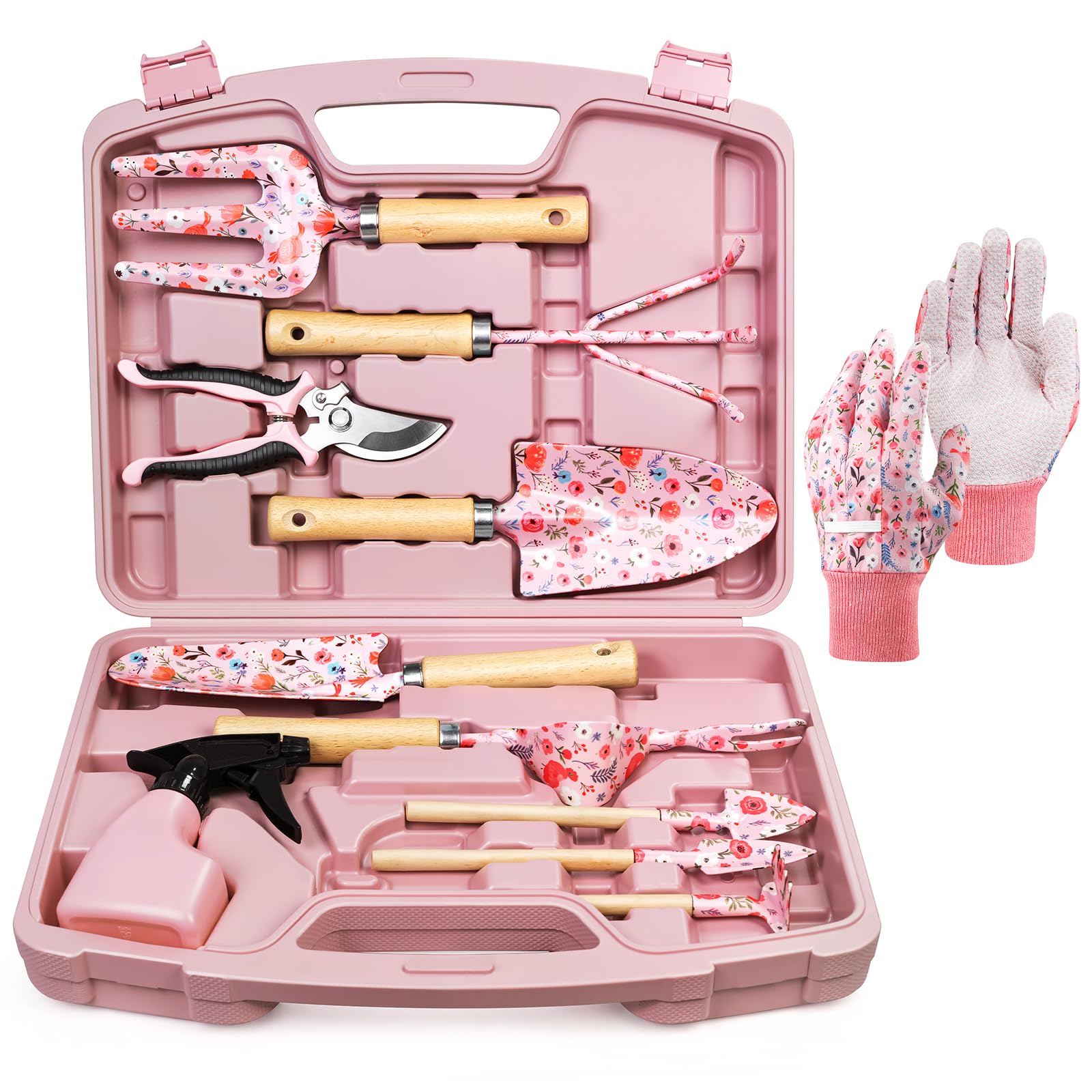 12-Piece Womens Gardening Tools Gift Set, Rust-Proof & Heavy-Duty Garden Tools with Durable Carrying Case, Fashionable & Thoughtful Gardening Gifts for Women&Men (Pink)