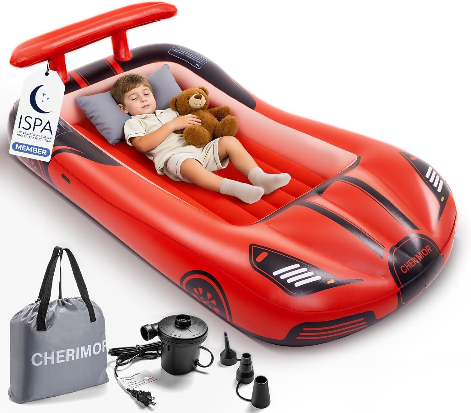 CHERIMOR Letto gonfiabile da viaggio per bambini con paraurti di sicurezza e pompa di gonfiaggio automatico di 2 minuti, materasso ad aria portatile per bambini, con borsa per il trasporto, per