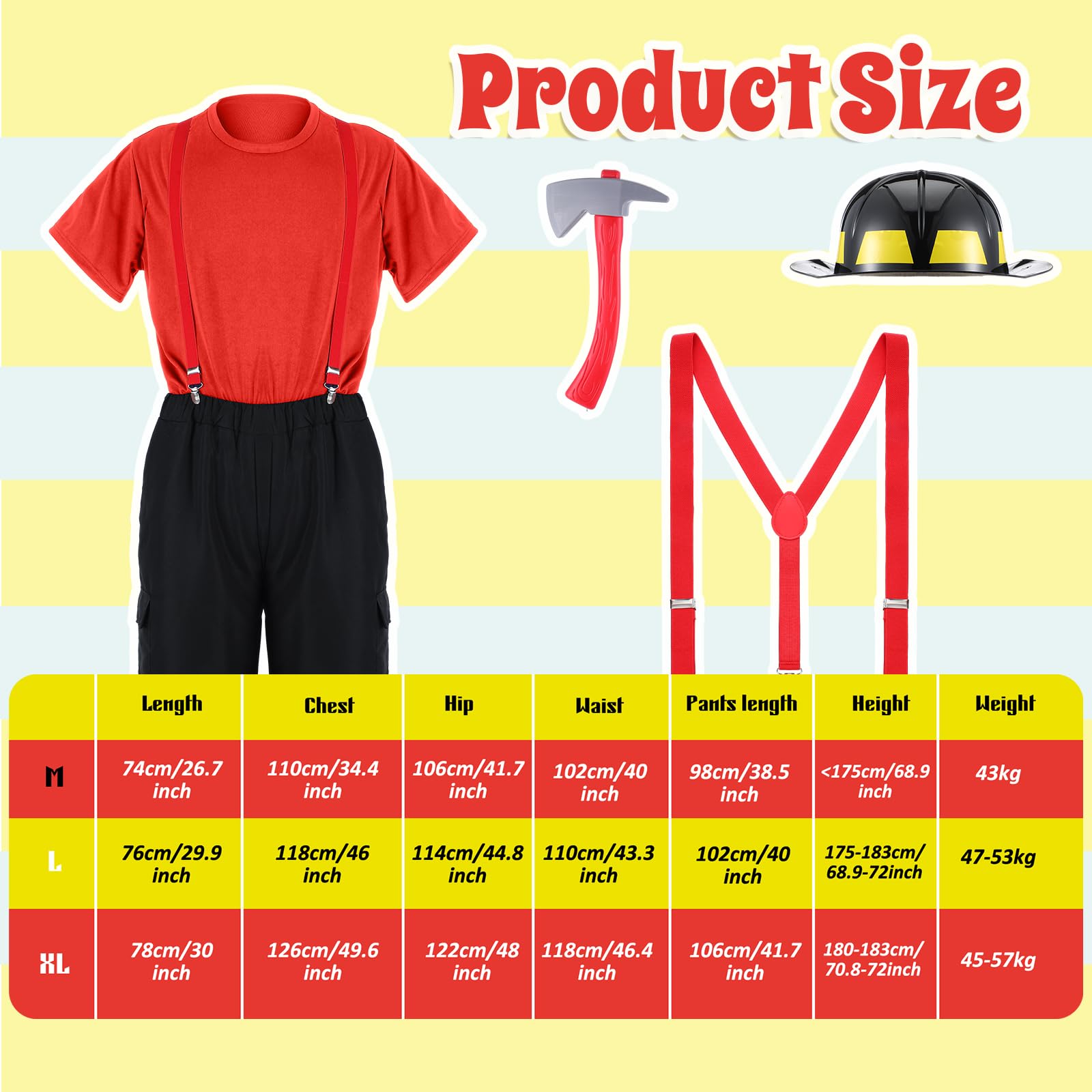Hicarer Feuerwehrmann-Kostüm für Herren, Feuerwehrmann, Helm, Axt, T-Shirt, Hose mit angenähten Hosenträgern, Halloween, Cosplay, Outfit, 5-teilig