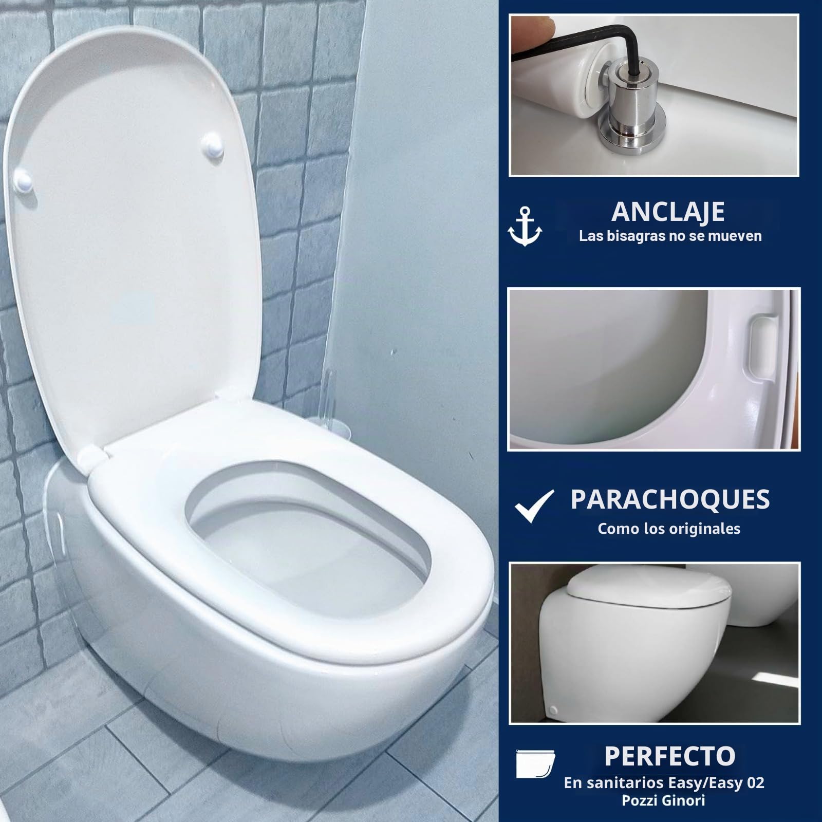 HYDRO HOME Tapa WC Pozzi Ginori Easy y Easy 02 como la original, asiento de inodoro en material termoestable, tapa de váter con bisagras de fijación superior, MADE IN ITALY (CIERRE CLASICO)
