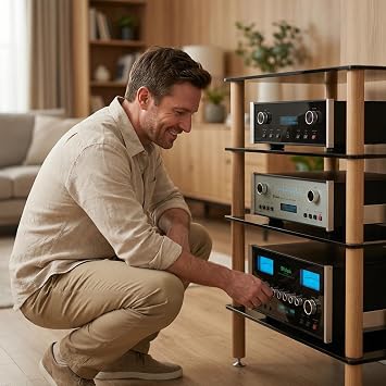 Audio Component Rack, Stereo Rack with 8mm Tempered Glass Shelves, Solid Wood Columns & Anti-Vibration Metal Feet for Power Amplifier, Stereo Receiver, Turntable & AV Equipment(Black,2 Tier)