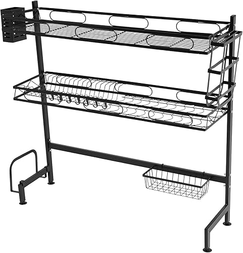 Miniatura 6 de Escurridor de platos sobre el fregadero, estante de cocina de 2 niveles de acero al carbono completo con 8 ganchos, estante multifuncional que