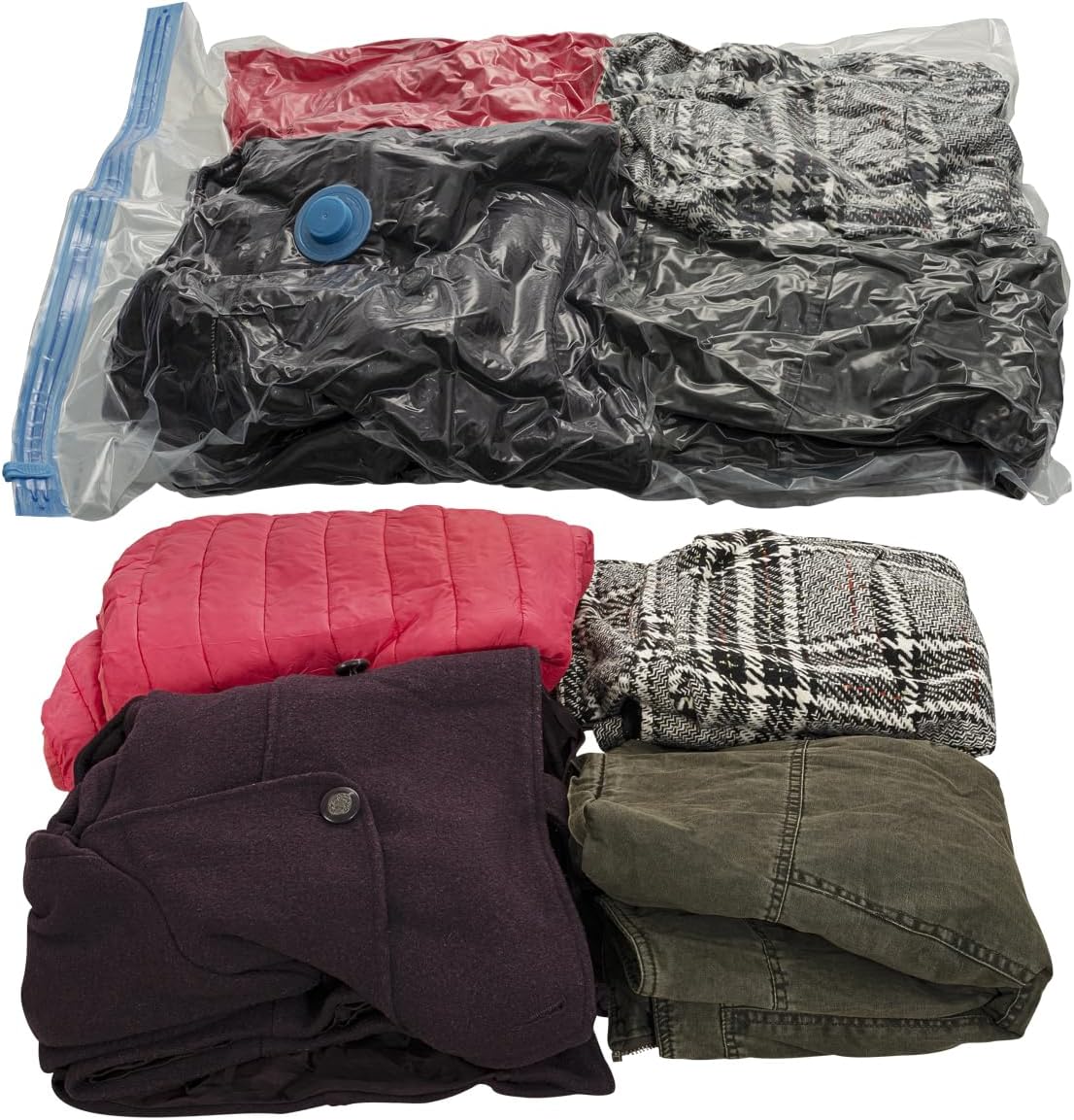 Kit Sacos a Vácuo c/Bomba Manual SaverBag c/10 unds (5 "P" 50x70, 3 "M" 60x80, 2 tam "G" 80x100) linha premium c/ 7 Camadas de Proteção, Reduz até 80% do Volume, 100% reutilizável