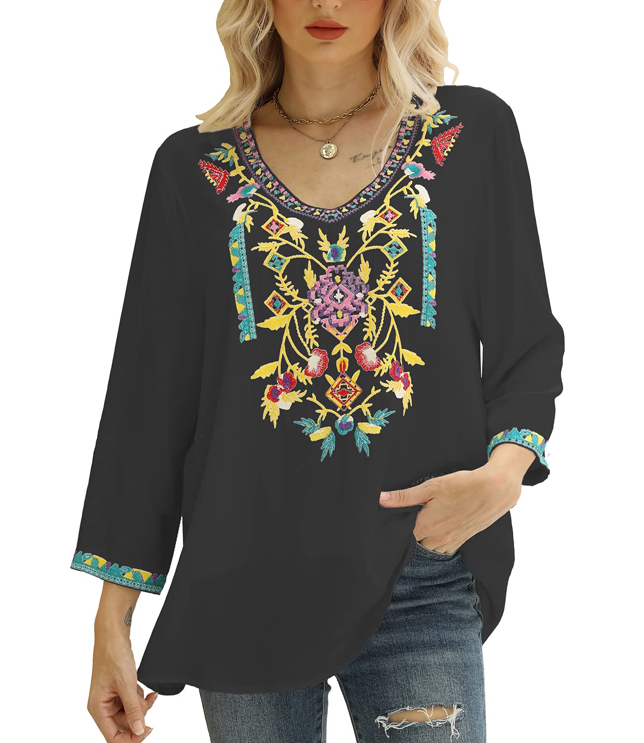 Grosy Boho Embroidered Tunic Top – Loose Fit Long Sleeve Mexican Peasant Blouse, Plus Size Bohemian Style