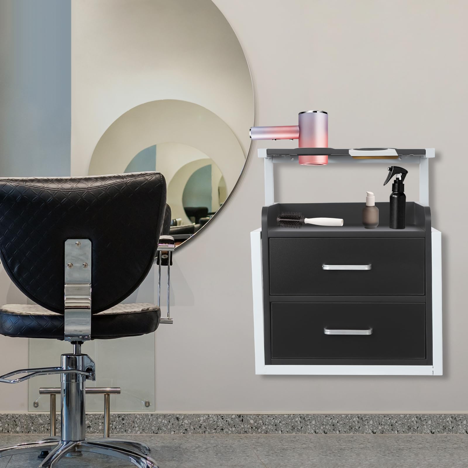 Hängeschrank, Werkzeugschrank für Friseur, Salon Wandschrank mit Haartrockner-Halterung und Schubladen, Friseur Zubehör, Beauty Wandschrank für Friseurgeschäften, Salons, 40*30*48cm (Schwarz)