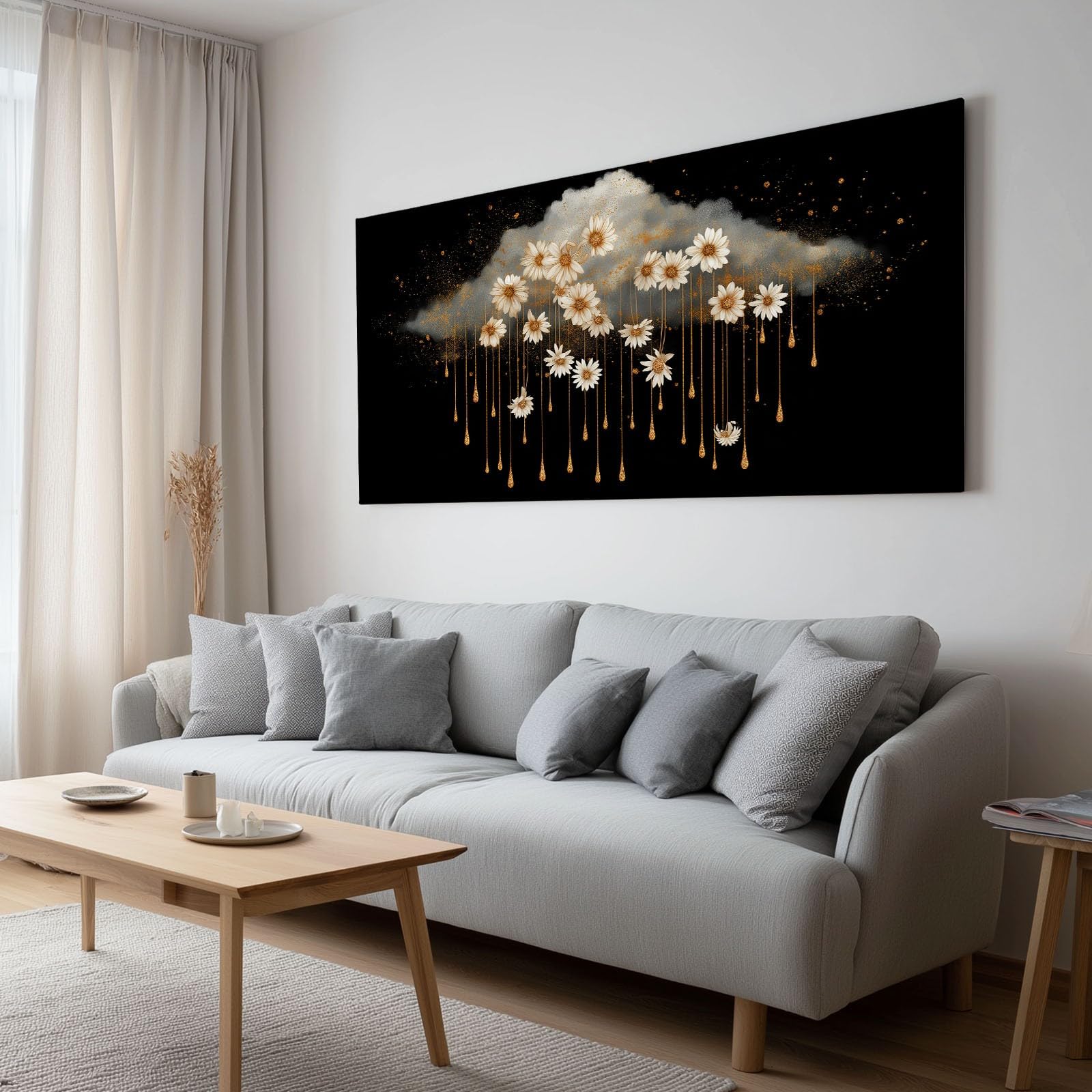 Tableau Décoration Murale Fantaisie - Impression sur Toile avec Châssis en Bois - Nuages Plantes Floral Marguerites Design Élégant pour Salon, Chambre, Bureau - Prêt à Accrocher - 90 x 60 cm